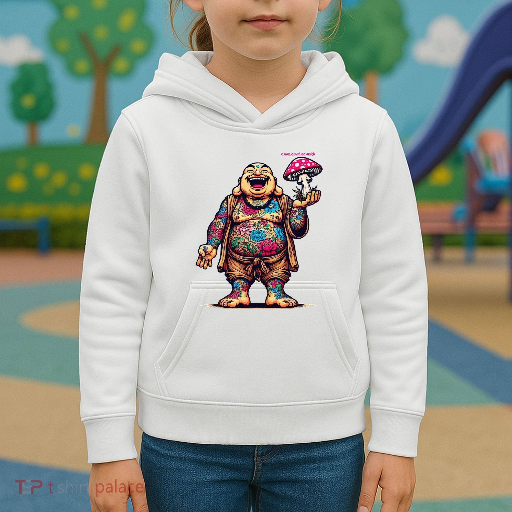 Tattooed Laughing Monk With A Mushroom Kids Hoodie