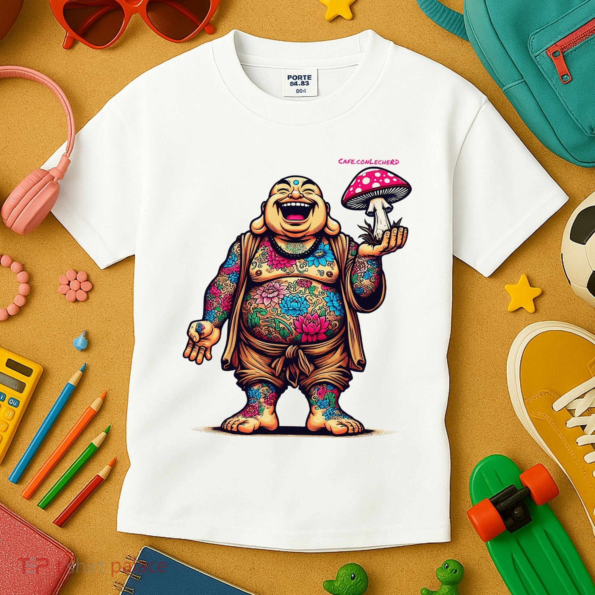 Tattooed Laughing Monk With A Mushroom Kids T-Shirt