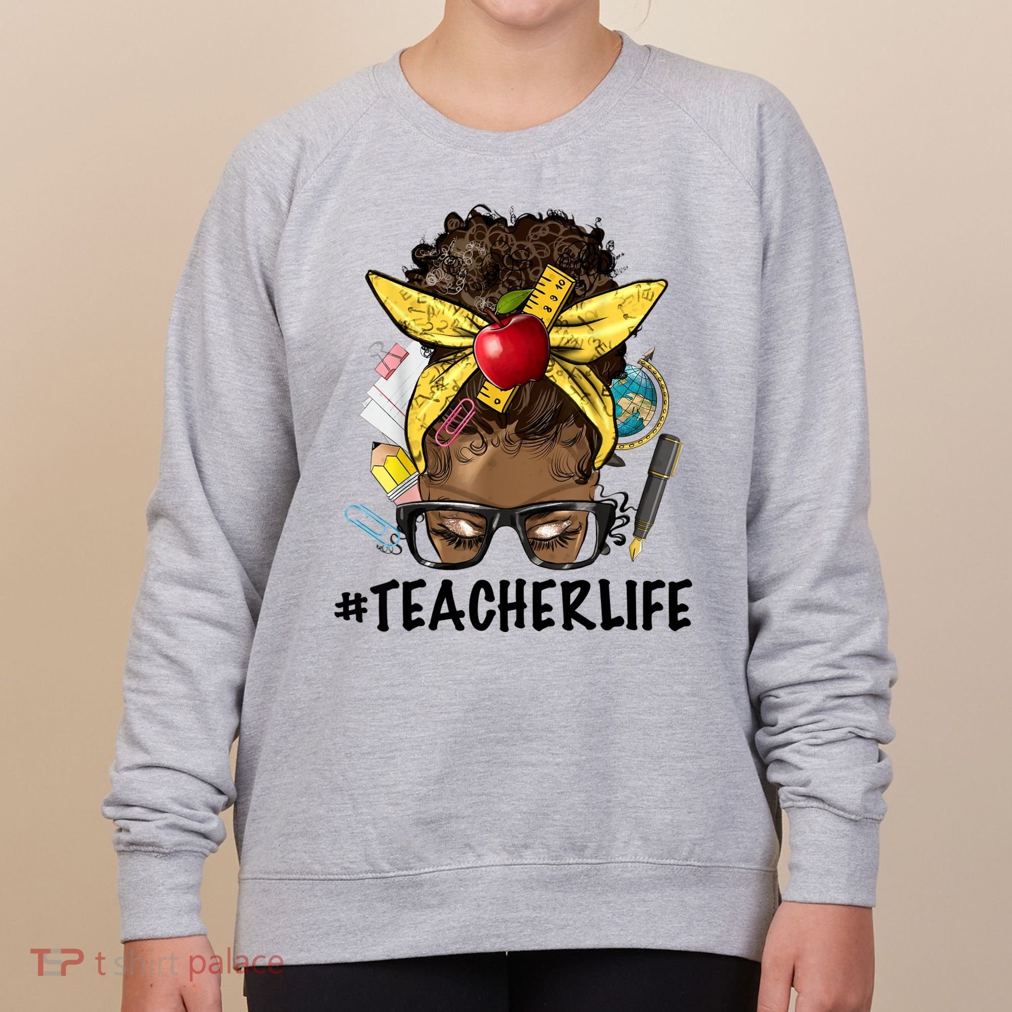 Teacher Life Messy Bun Afro Teacher African American Educate Women's Sweatshirt