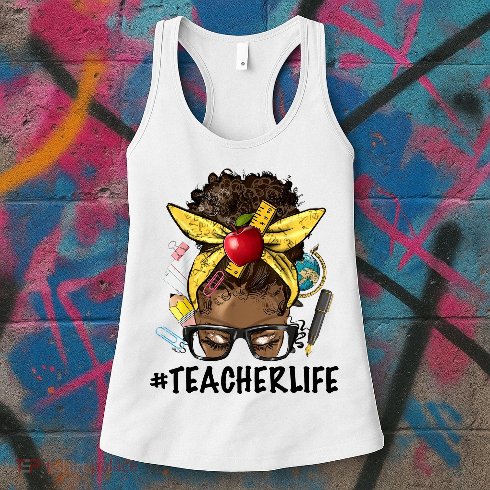 Teacher Life Messy Bun Afro Teacher African American Educate Women's Tank Top