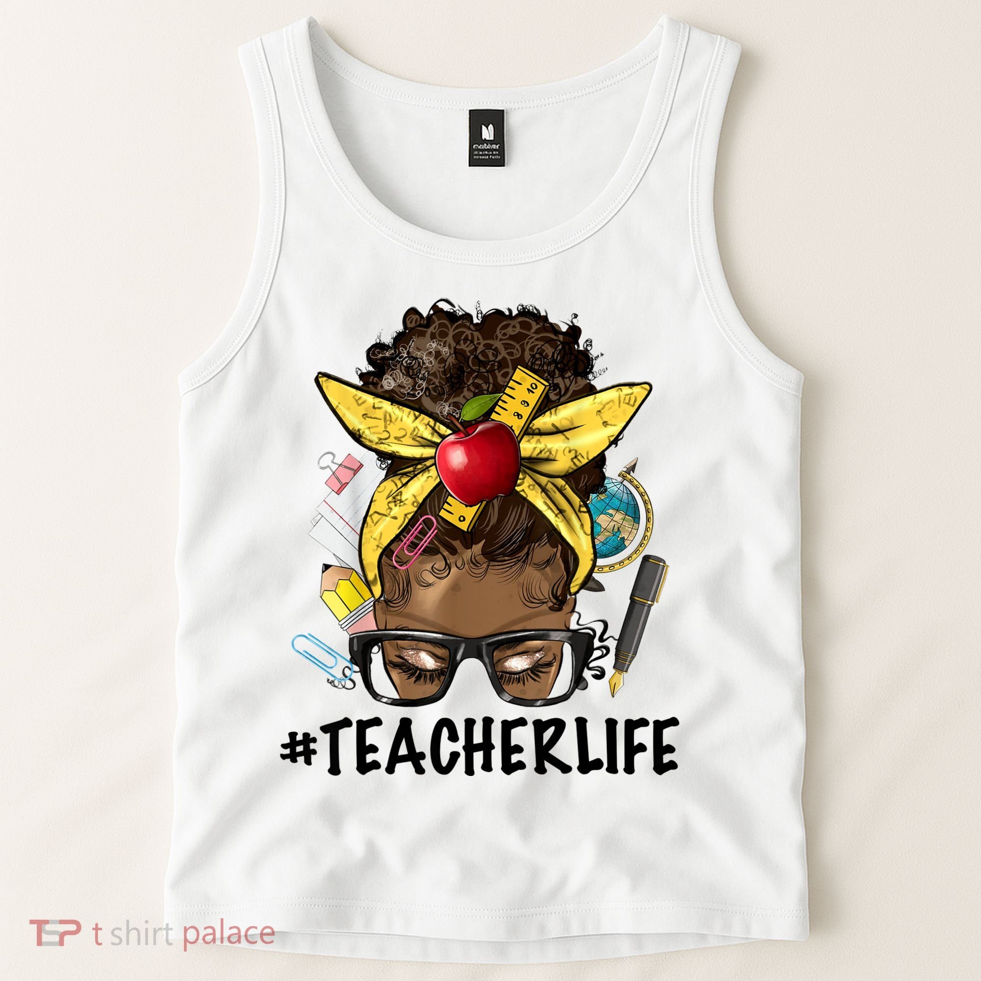 Teacher Life Messy Bun Afro Teacher African American Educate Tank Top