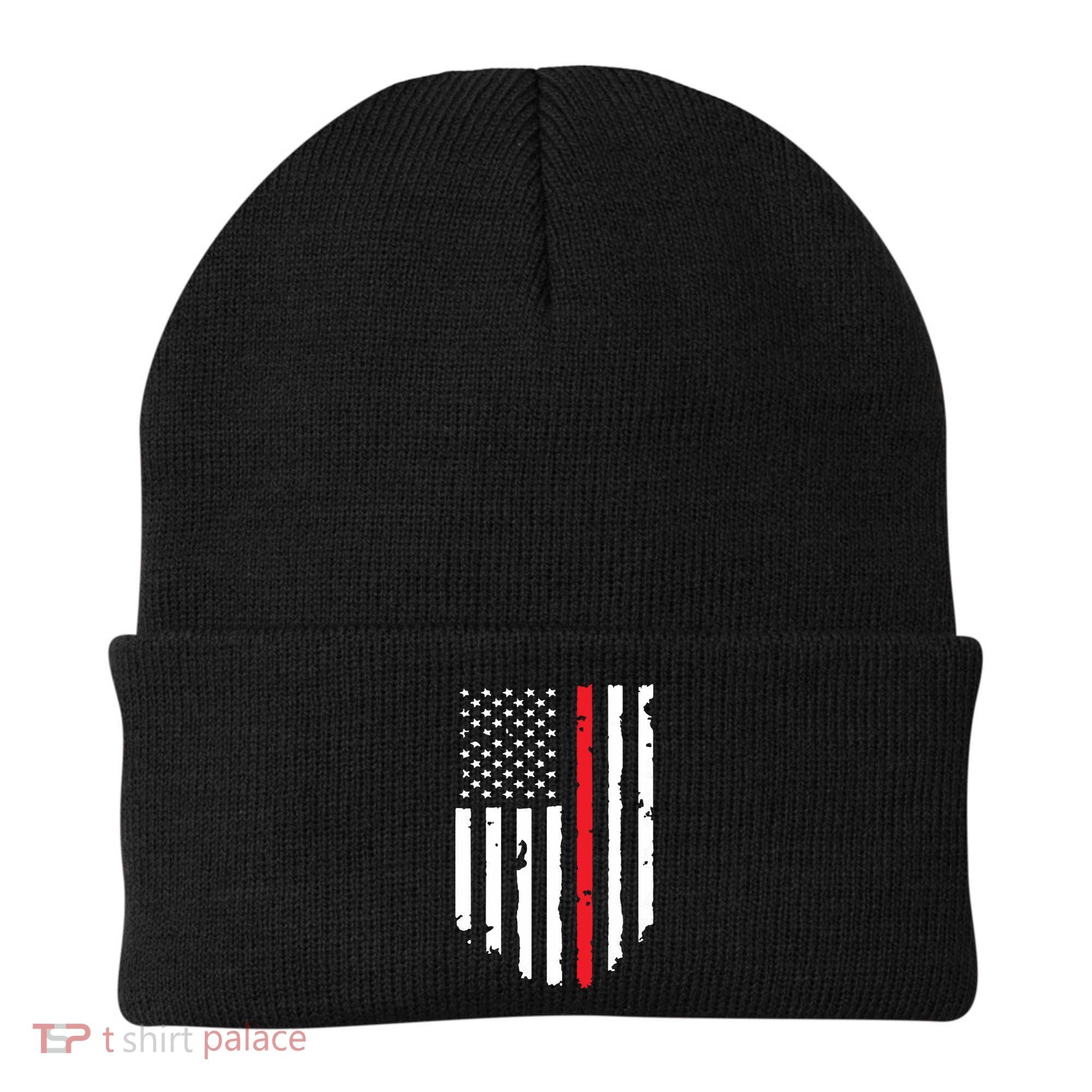 Thin Line Red American USA Flag Shirts Pocket Firefighter Tee Beanie