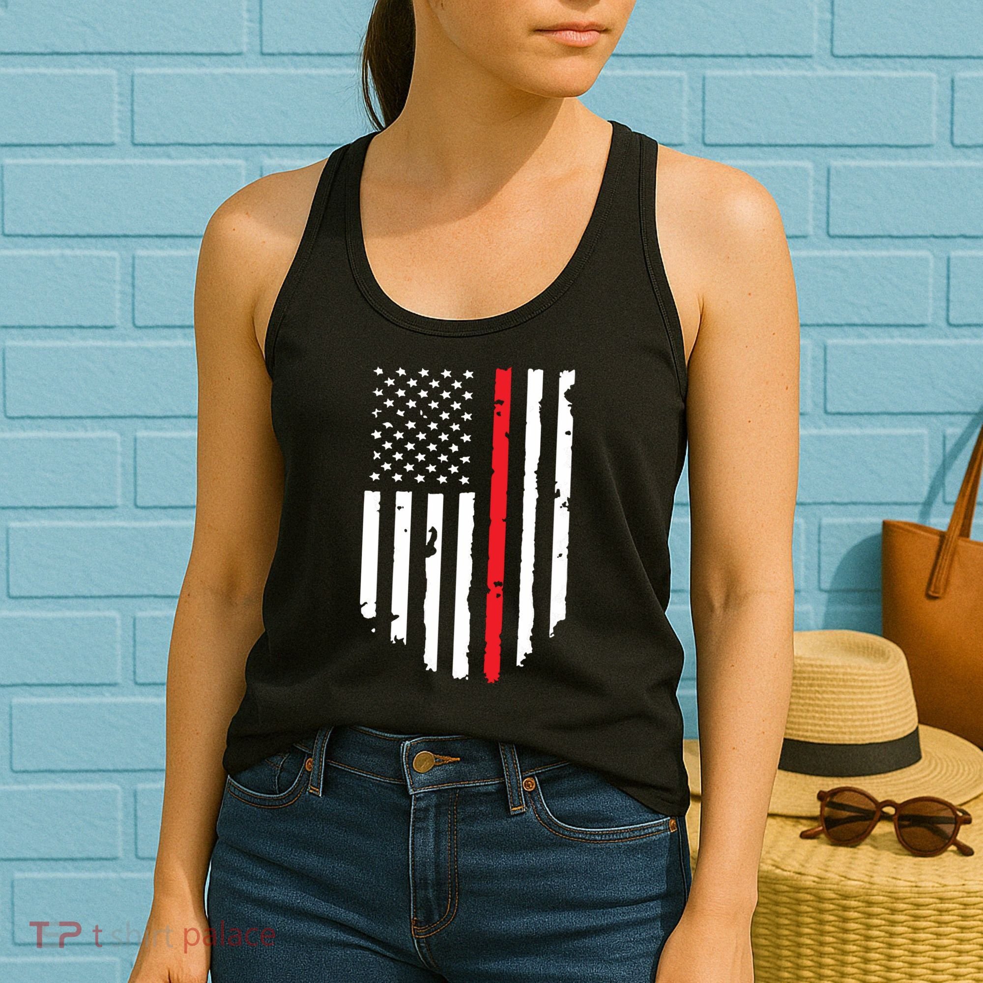 Thin Line Red American USA Flag Shirts Pocket Firefighter Tee Women's Tank Top