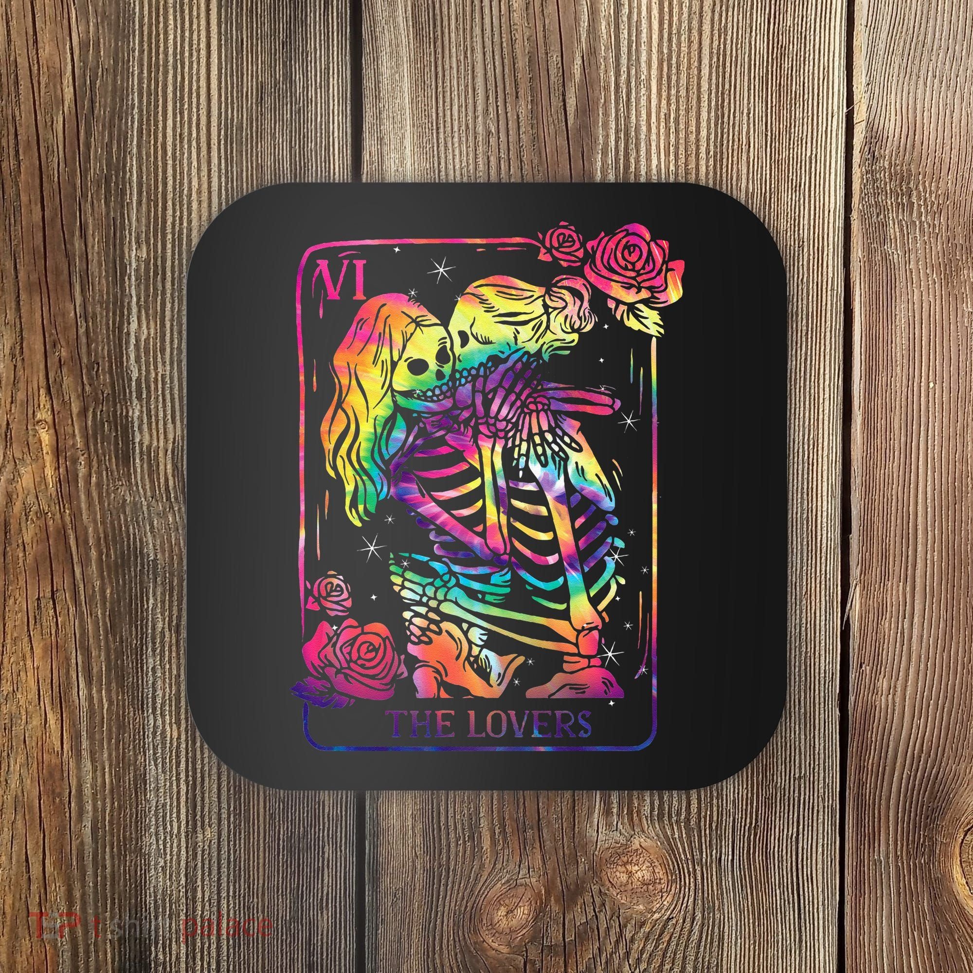 The Lovers Tarot Card Goth Tie Dye Kissing Lesbian Skeletons Coaster