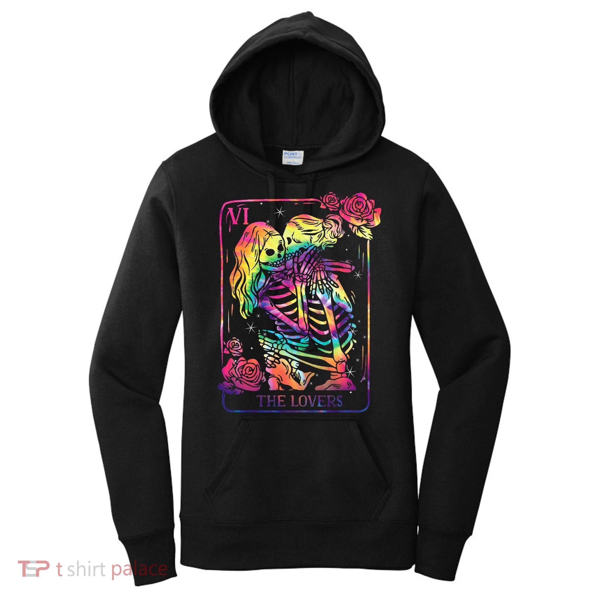 The Lovers Tarot Card Goth Tie Dye Kissing Lesbian Skeletons Women's Hoodie