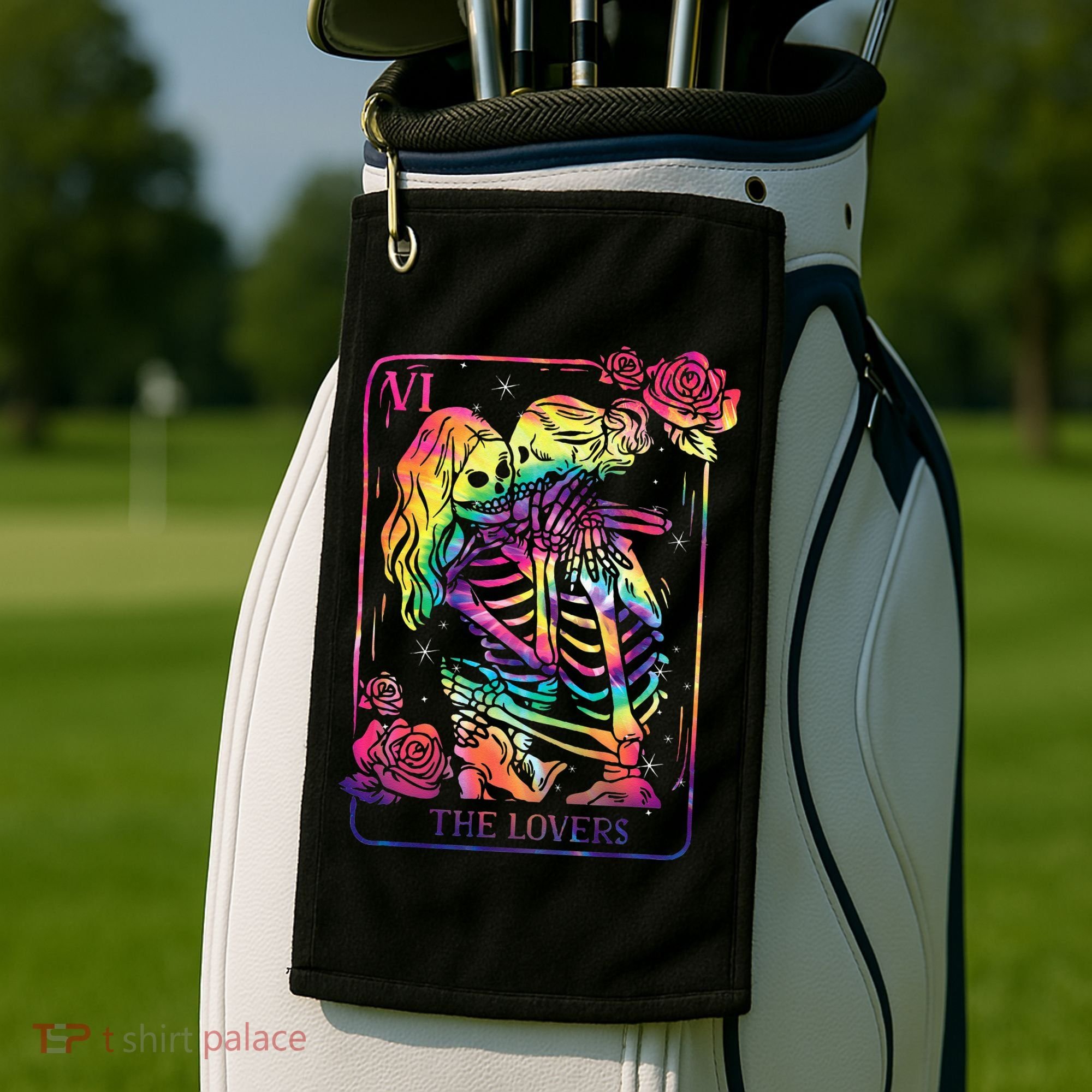 The Lovers Tarot Card Goth Tie Dye Kissing Lesbian Skeletons Golf Towel