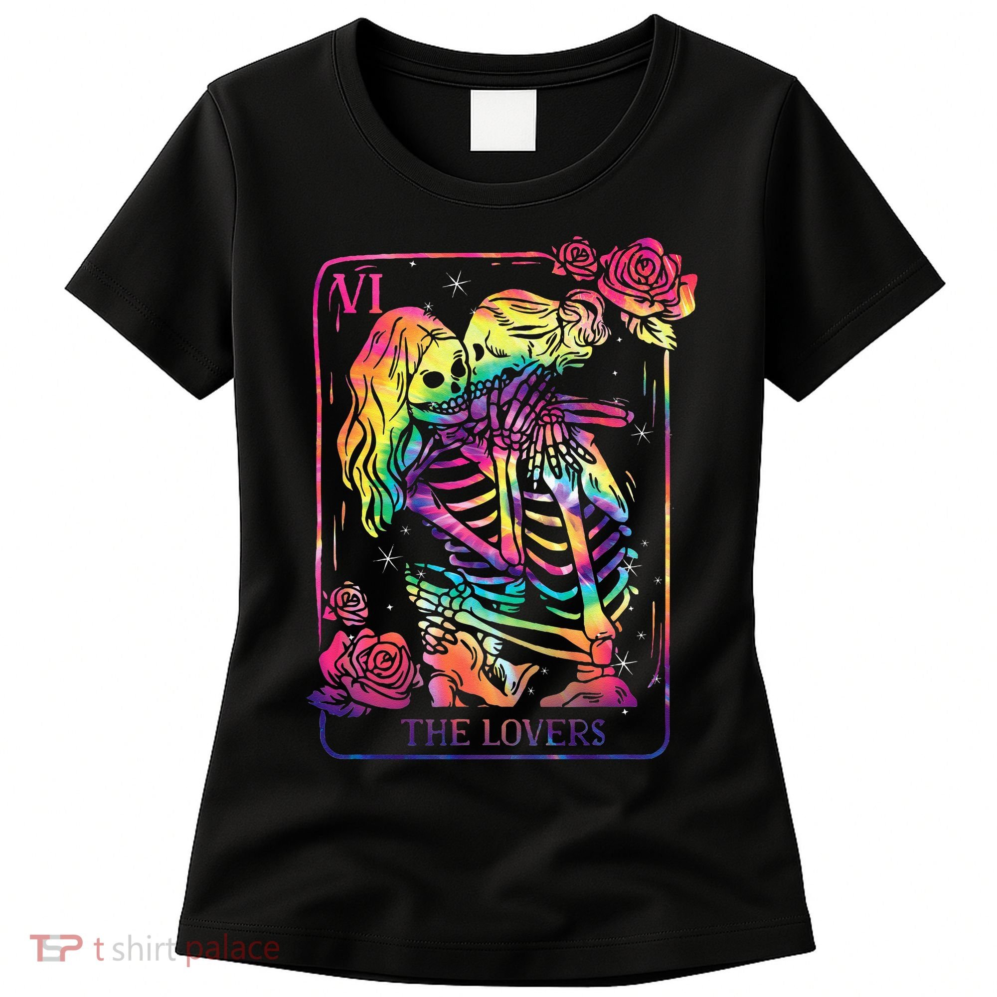 The Lovers Tarot Card Goth Tie Dye Kissing Lesbian Skeletons Women's T-Shirt