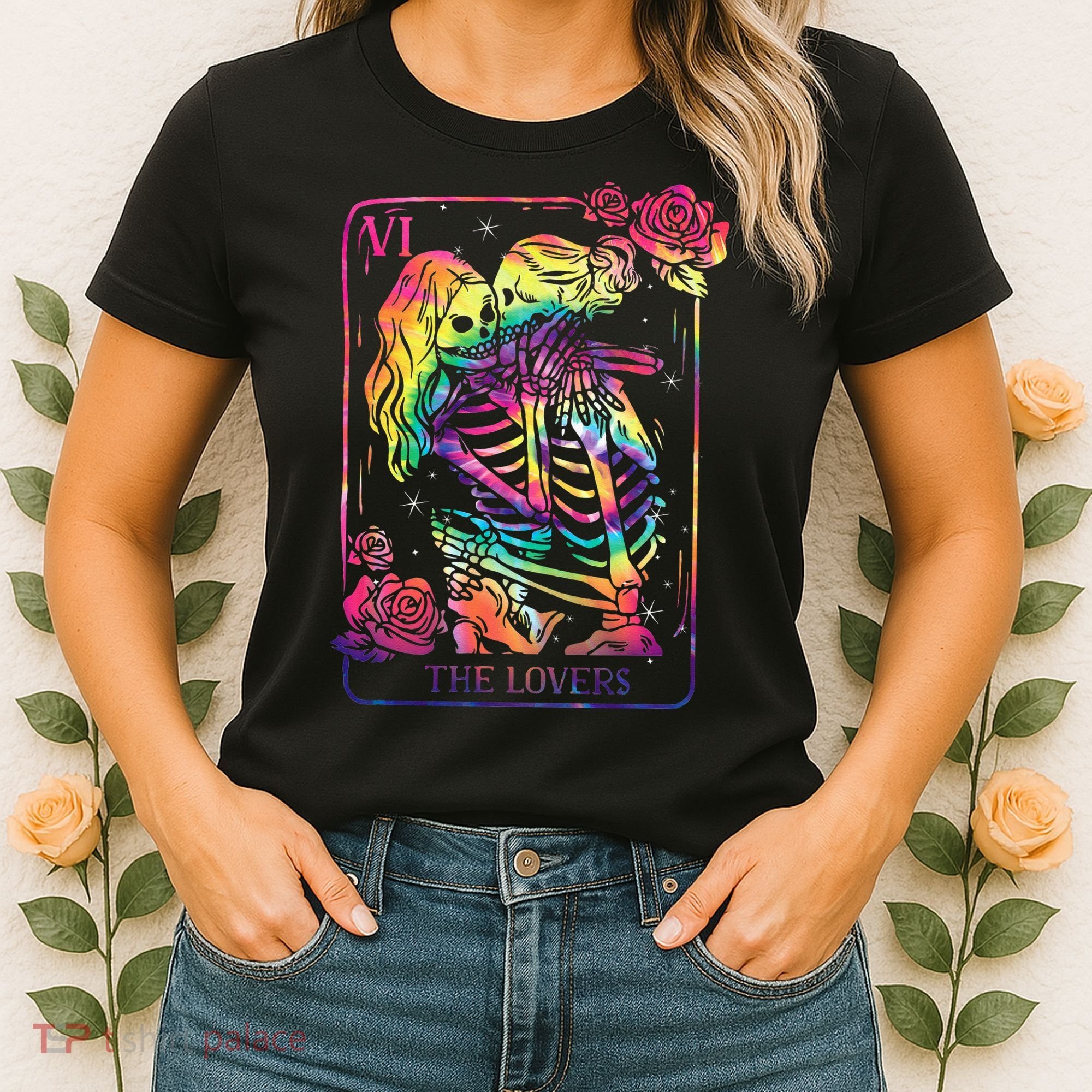 The Lovers Tarot Card Goth Tie Dye Kissing Lesbian Skeletons Women's T-Shirt