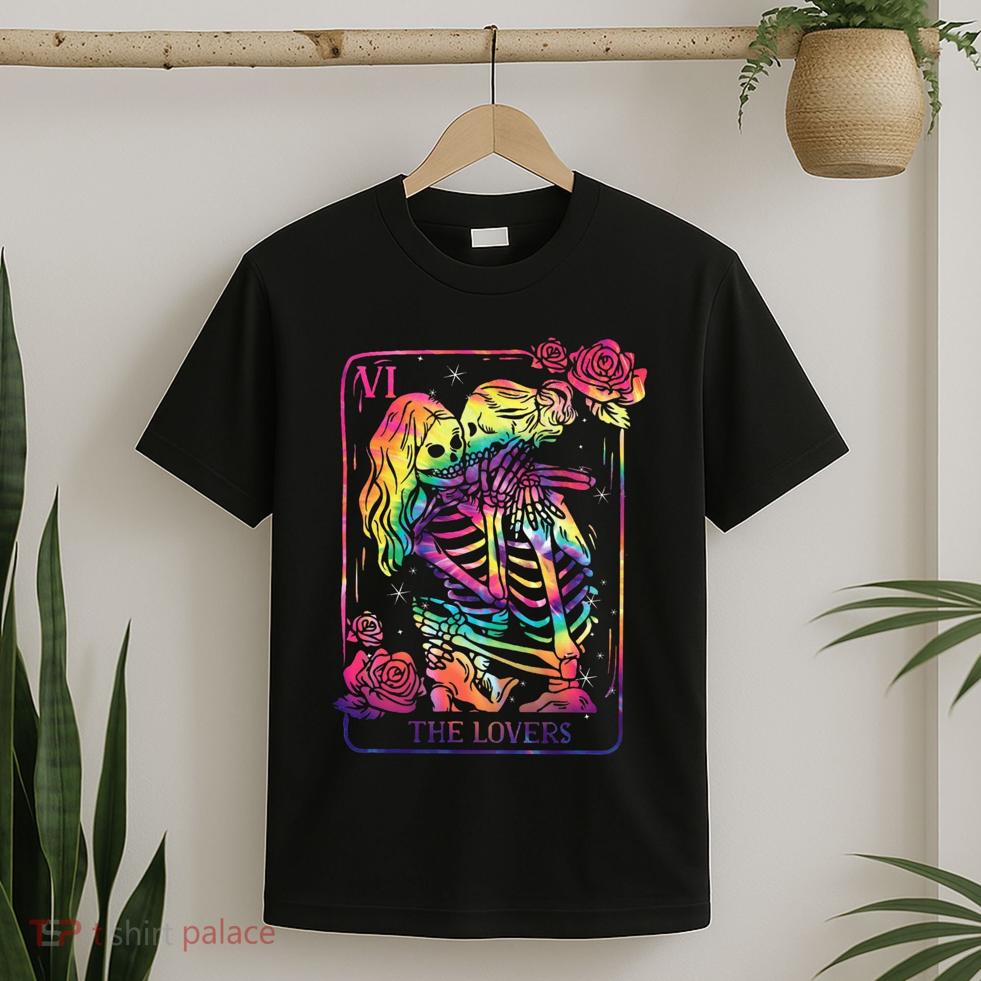 The Lovers Tarot Card Goth Tie Dye Kissing Lesbian Skeletons T-Shirt
