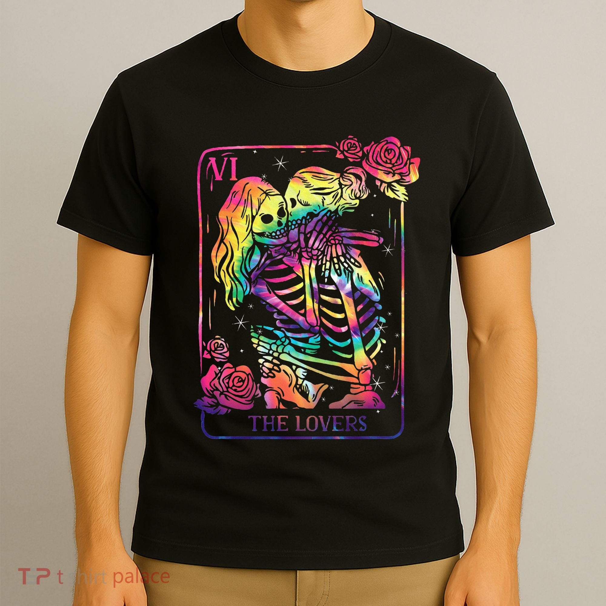 The Lovers Tarot Card Goth Tie Dye Kissing Lesbian Skeletons T-Shirt