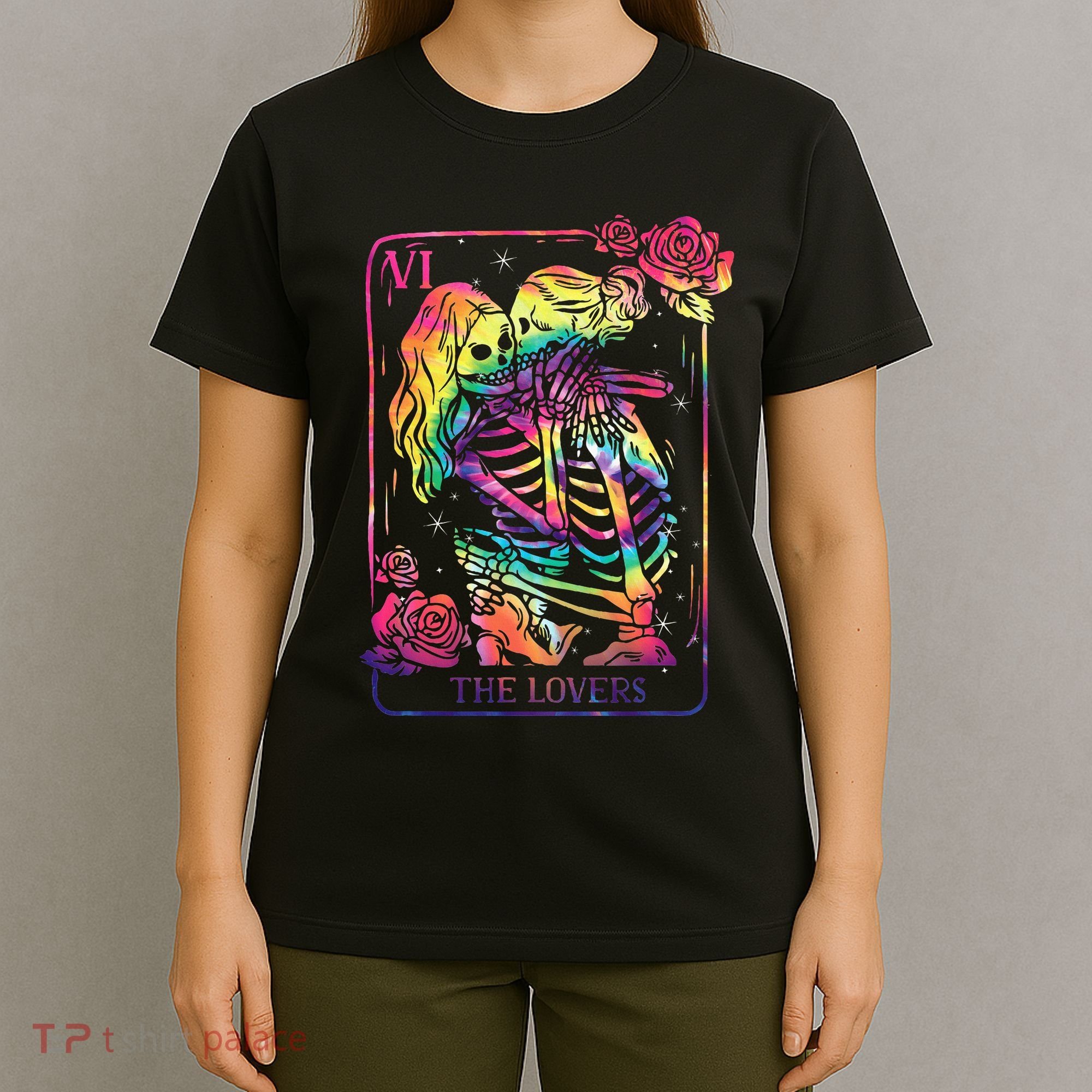 The Lovers Tarot Card Goth Tie Dye Kissing Lesbian Skeletons T-Shirt