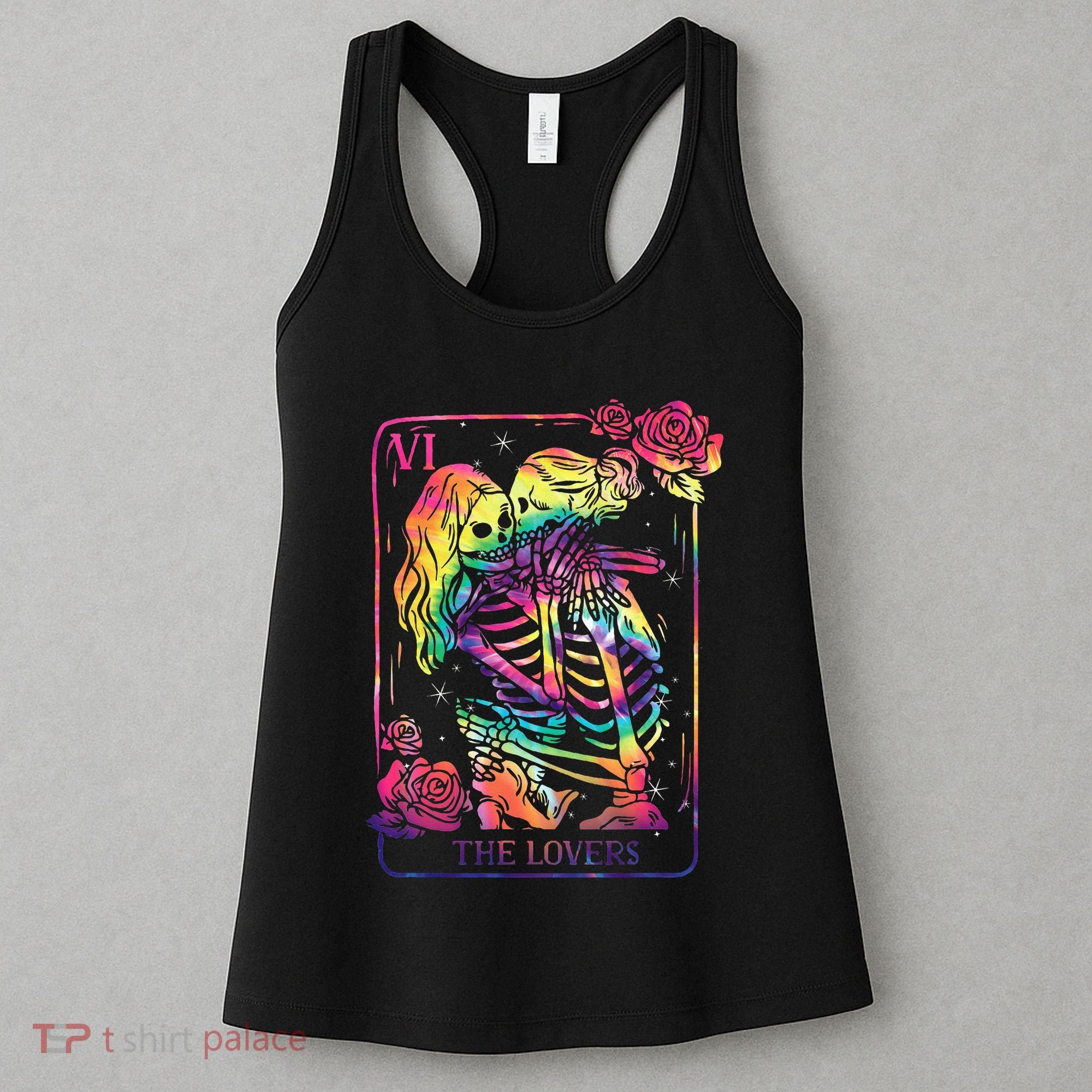 The Lovers Tarot Card Goth Tie Dye Kissing Lesbian Skeletons Women's Tank Top
