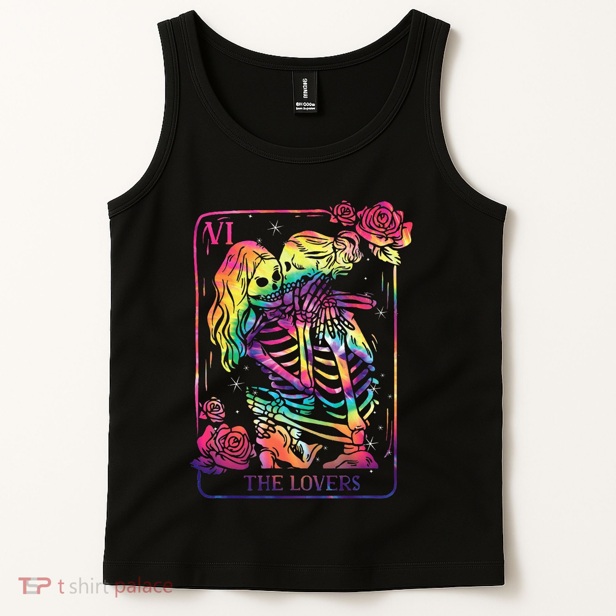 The Lovers Tarot Card Goth Tie Dye Kissing Lesbian Skeletons Tank Top
