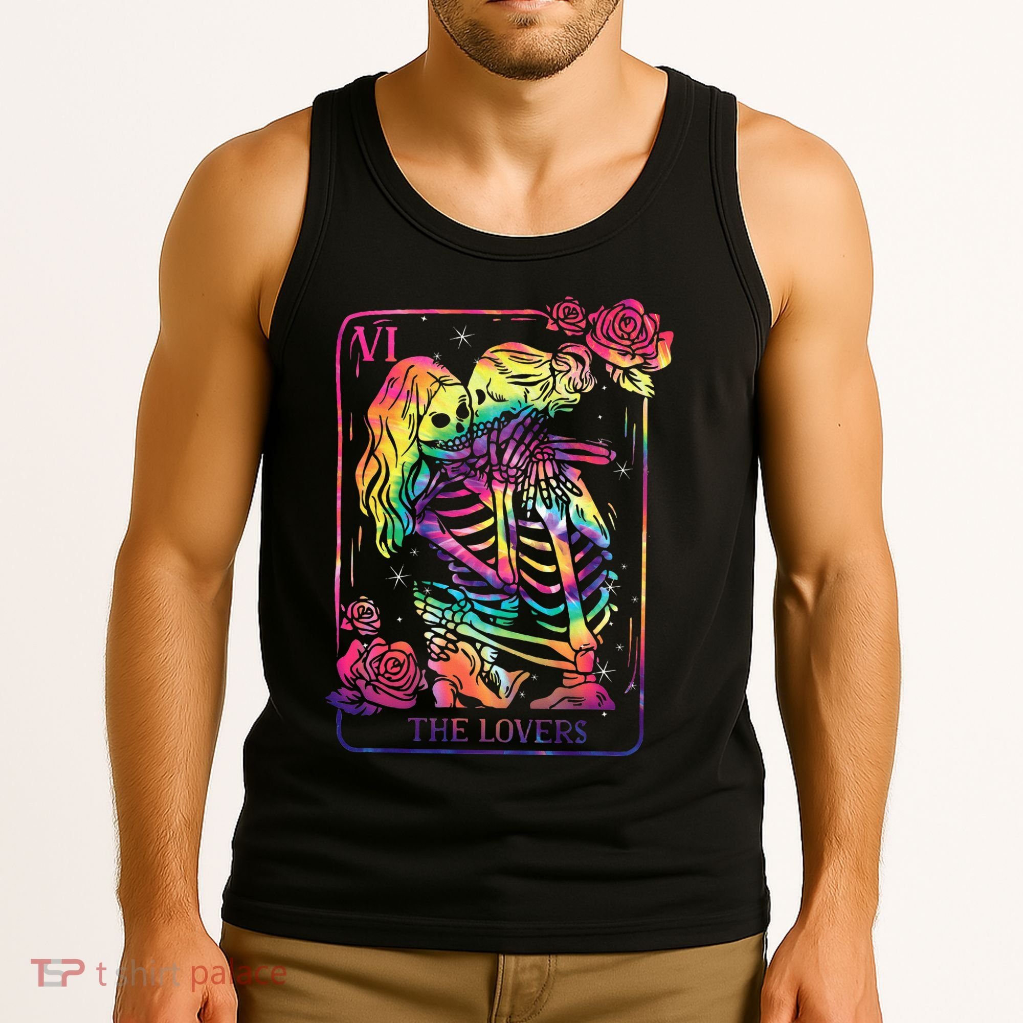 The Lovers Tarot Card Goth Tie Dye Kissing Lesbian Skeletons Tank Top