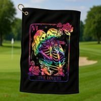The Lovers Tarot Card Goth Tie Dye Kissing Lesbian Skeletons Golf Towel thumb 1