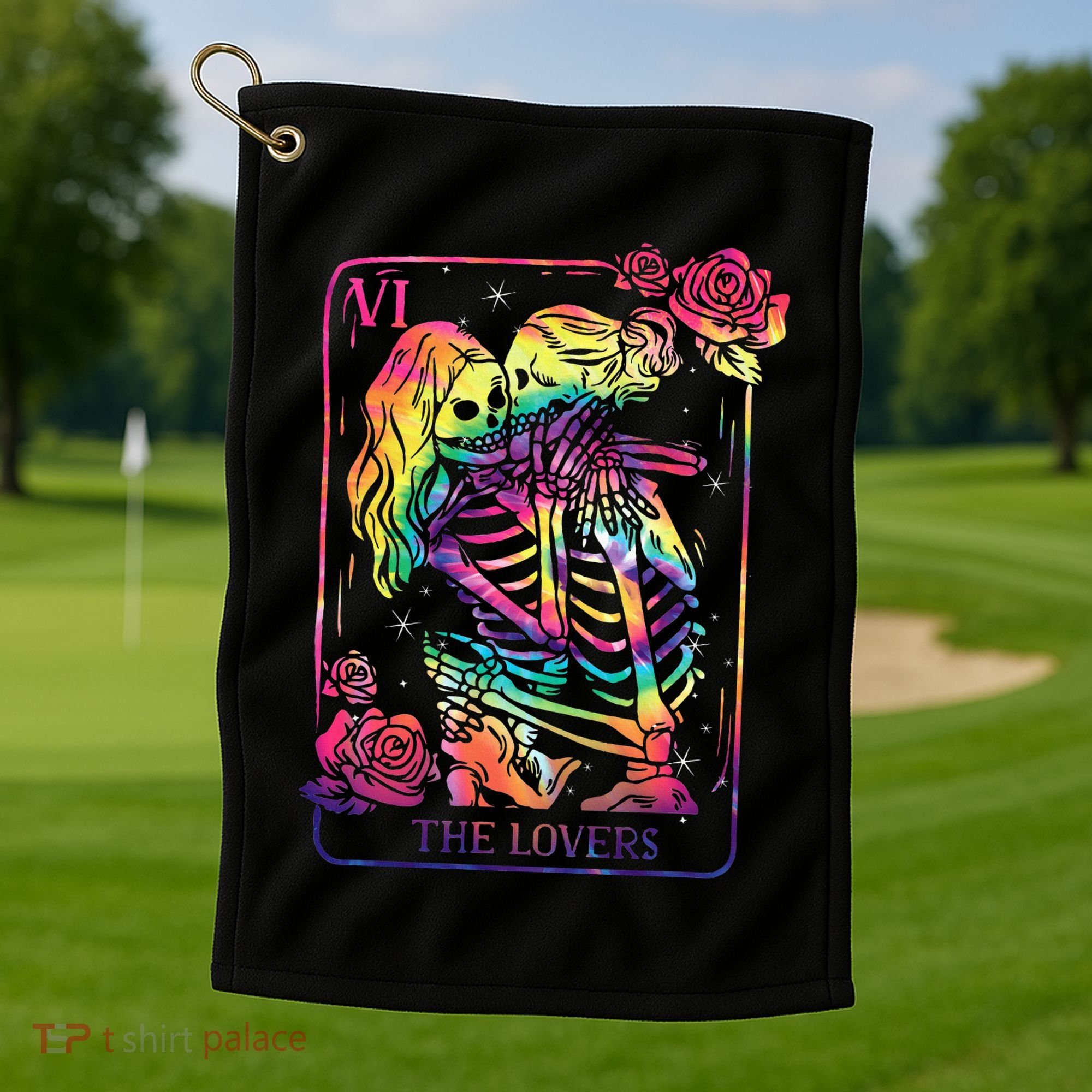 The Lovers Tarot Card Goth Tie Dye Kissing Lesbian Skeletons Golf Towel