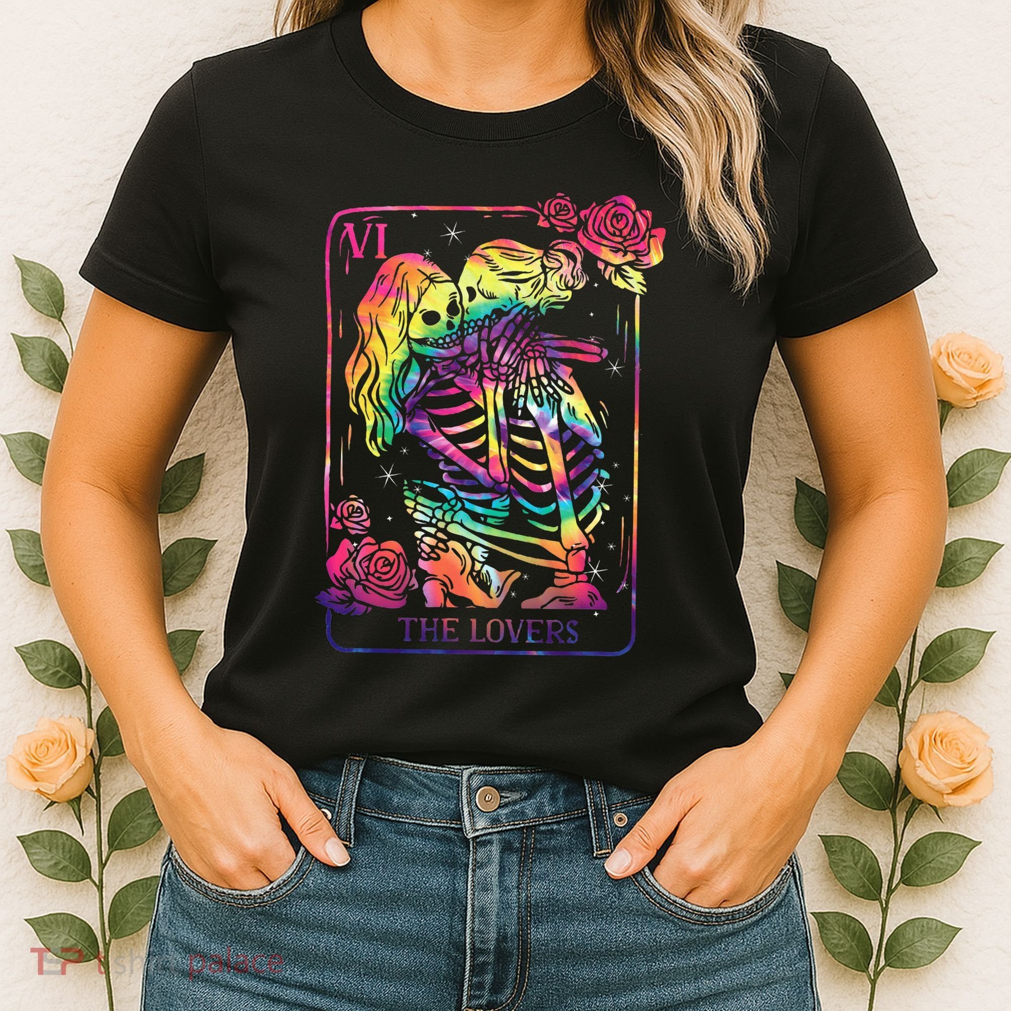 The Lovers Tarot Card Goth Tie Dye Kissing Lesbian Skeletons Women's T-Shirt