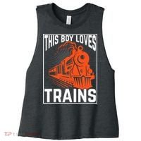 This  loves trains locomotives and wagon! boys train Women's Racerback Cropped Tank thumb 0