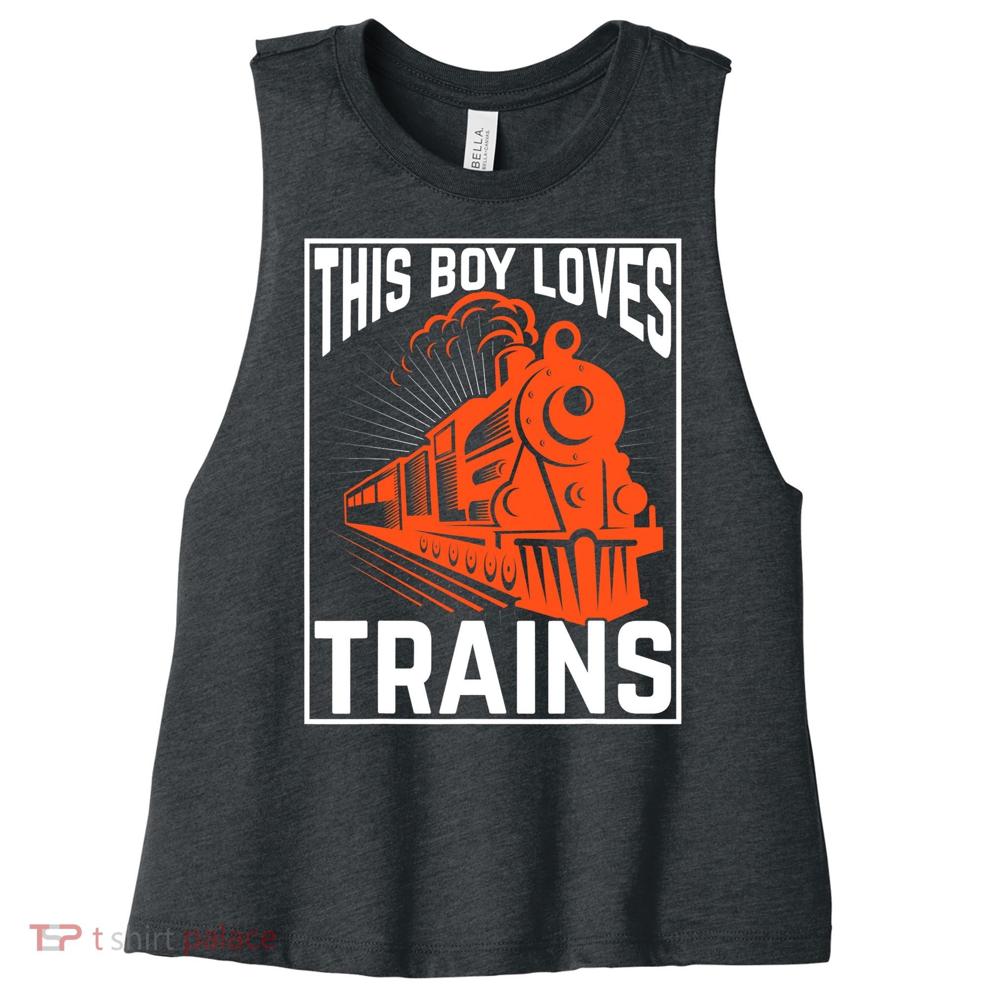 This  loves trains locomotives and wagon! boys train Women's Racerback Cropped Tank