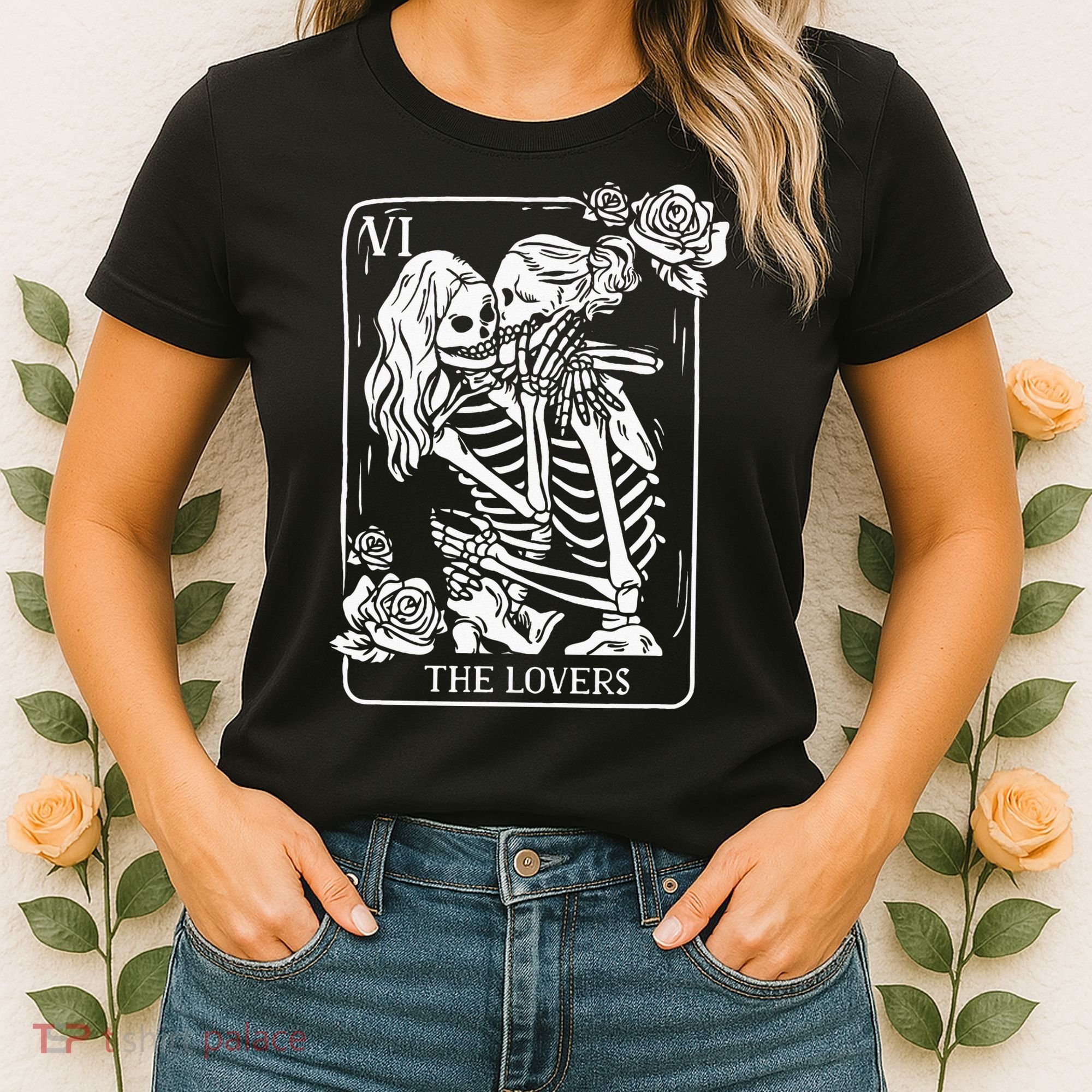 The Lovers Tarot Card Occult Goth Kissing Lesbian Skeleton Women's T-Shirt