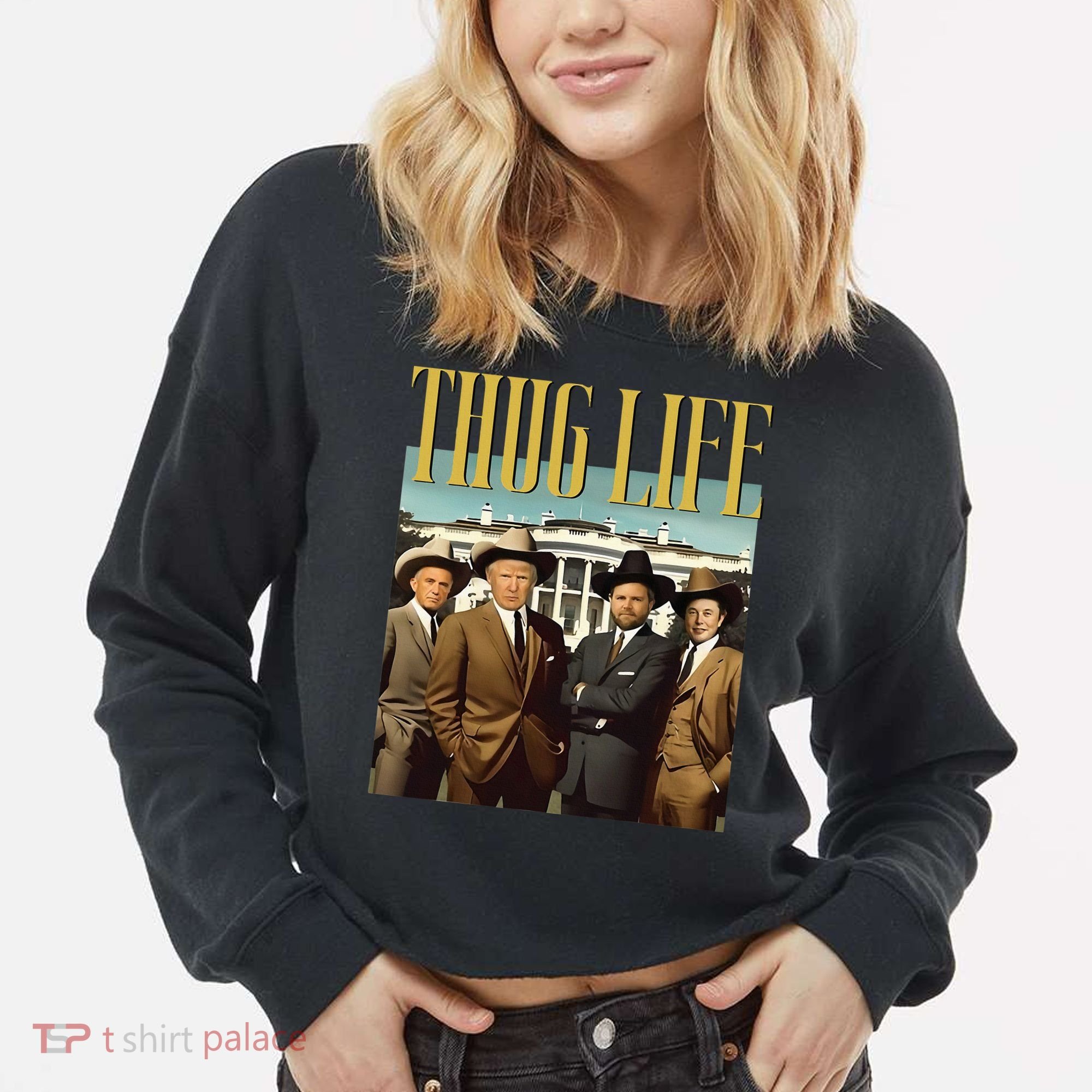 Thug Life Trump Vance Kennedy Elon Cropped Pullover Crew