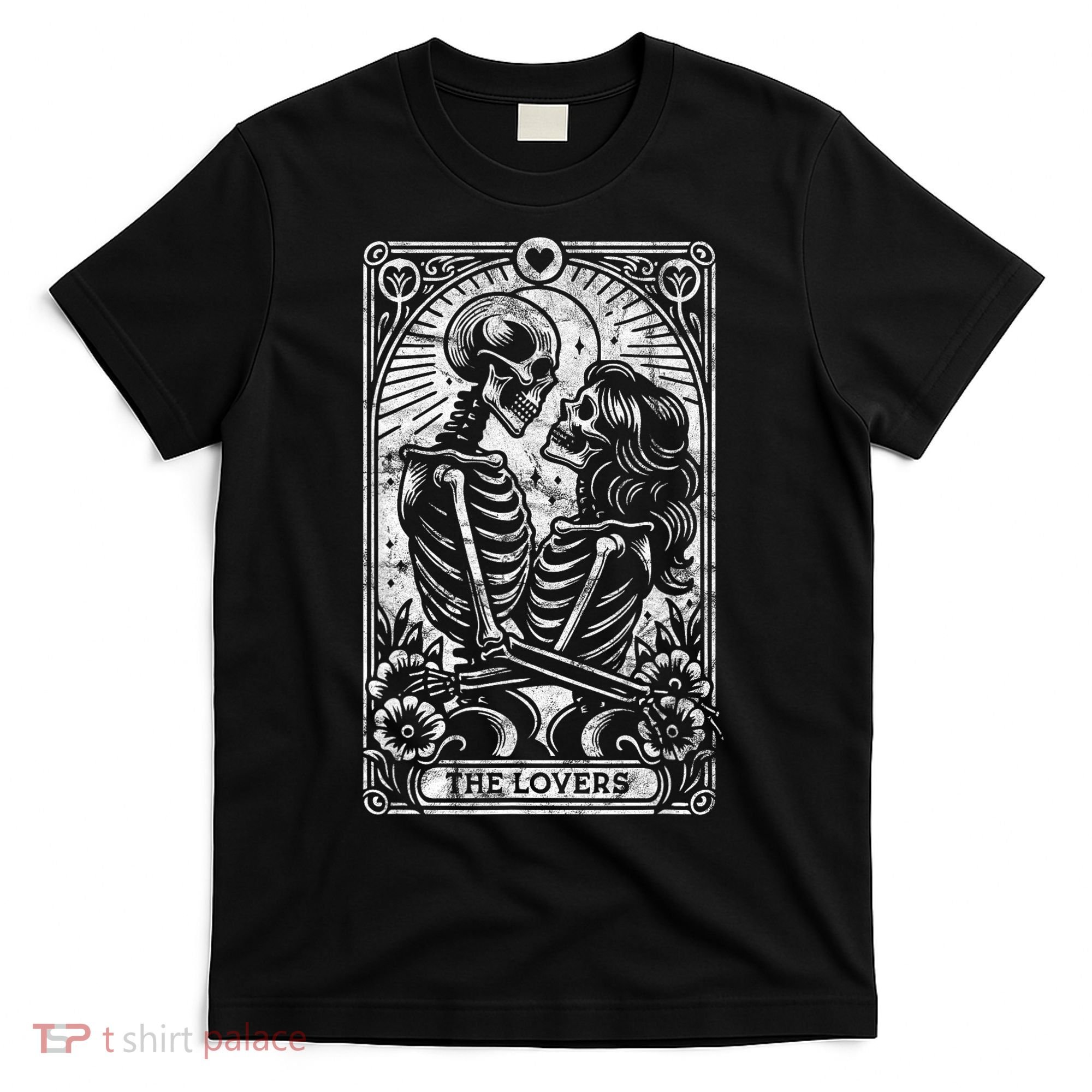The Lovers Vintage Skeleton Couple Skull Gothic Tarot Card T-Shirt