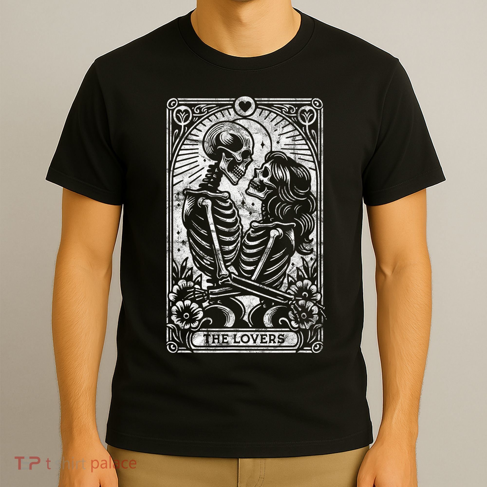 The Lovers Vintage Skeleton Couple Skull Gothic Tarot Card T-Shirt