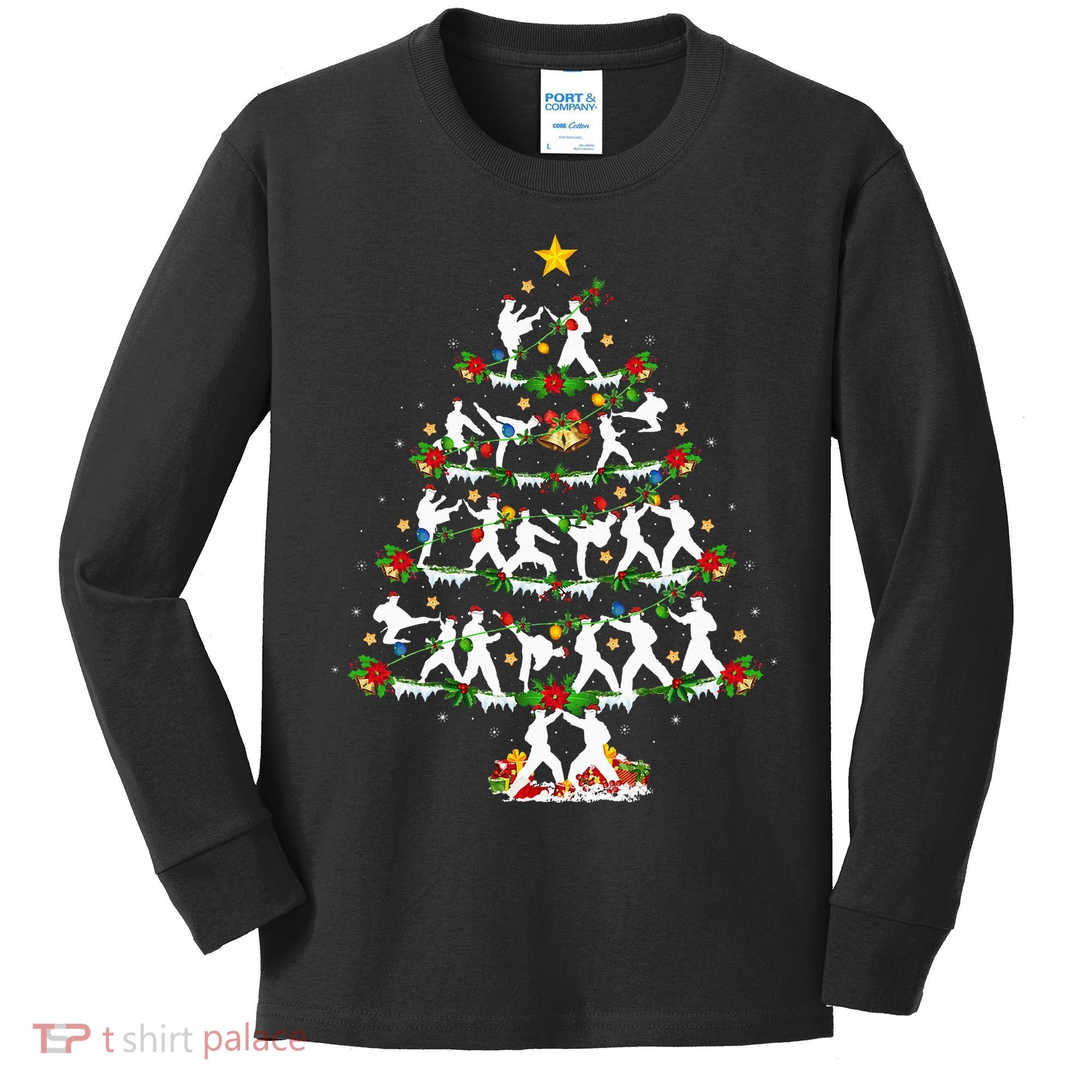 Taekwondo Lover Xmas Lighting Taekwondo Christmas Tree Kids Long Sleeve Shirt
