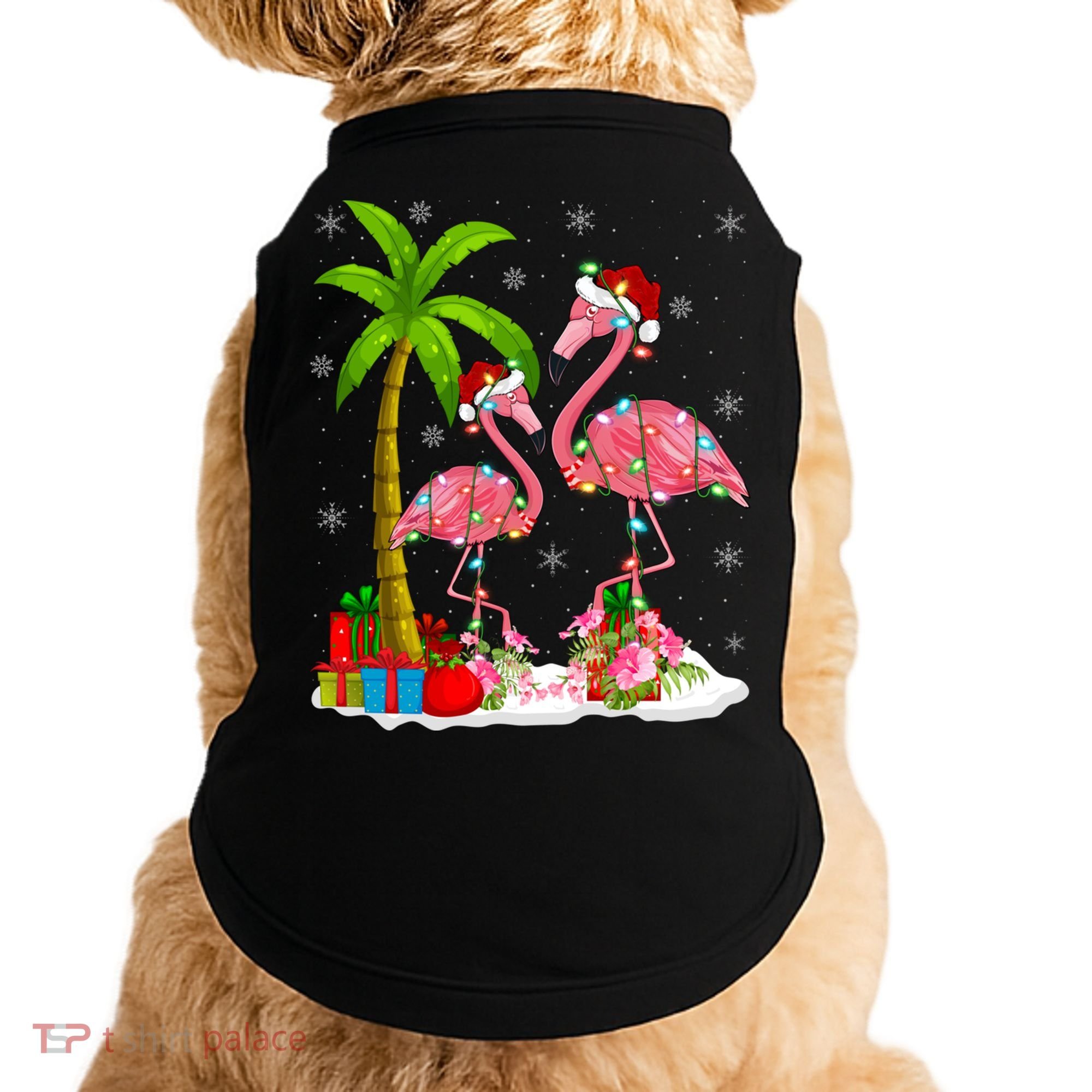 Tropical Lighting Xmas Palm Tree Pink Flamingo Christmas Gift Doggie Tank