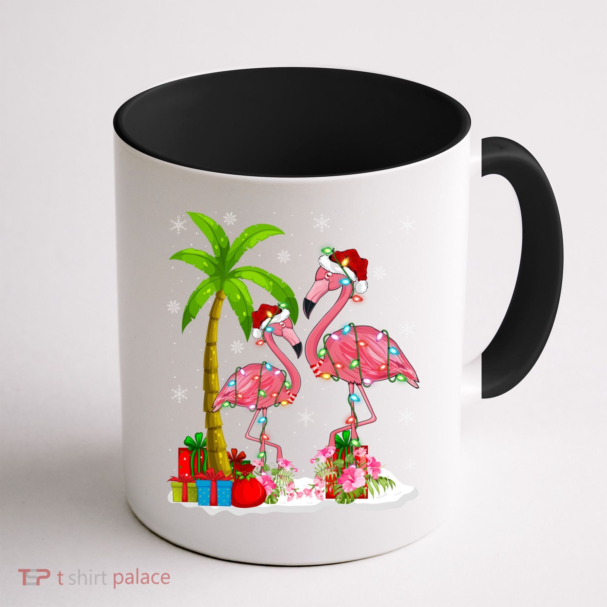 Tropical Lighting Xmas Palm Tree Pink Flamingo Christmas Gift Coffee Mug