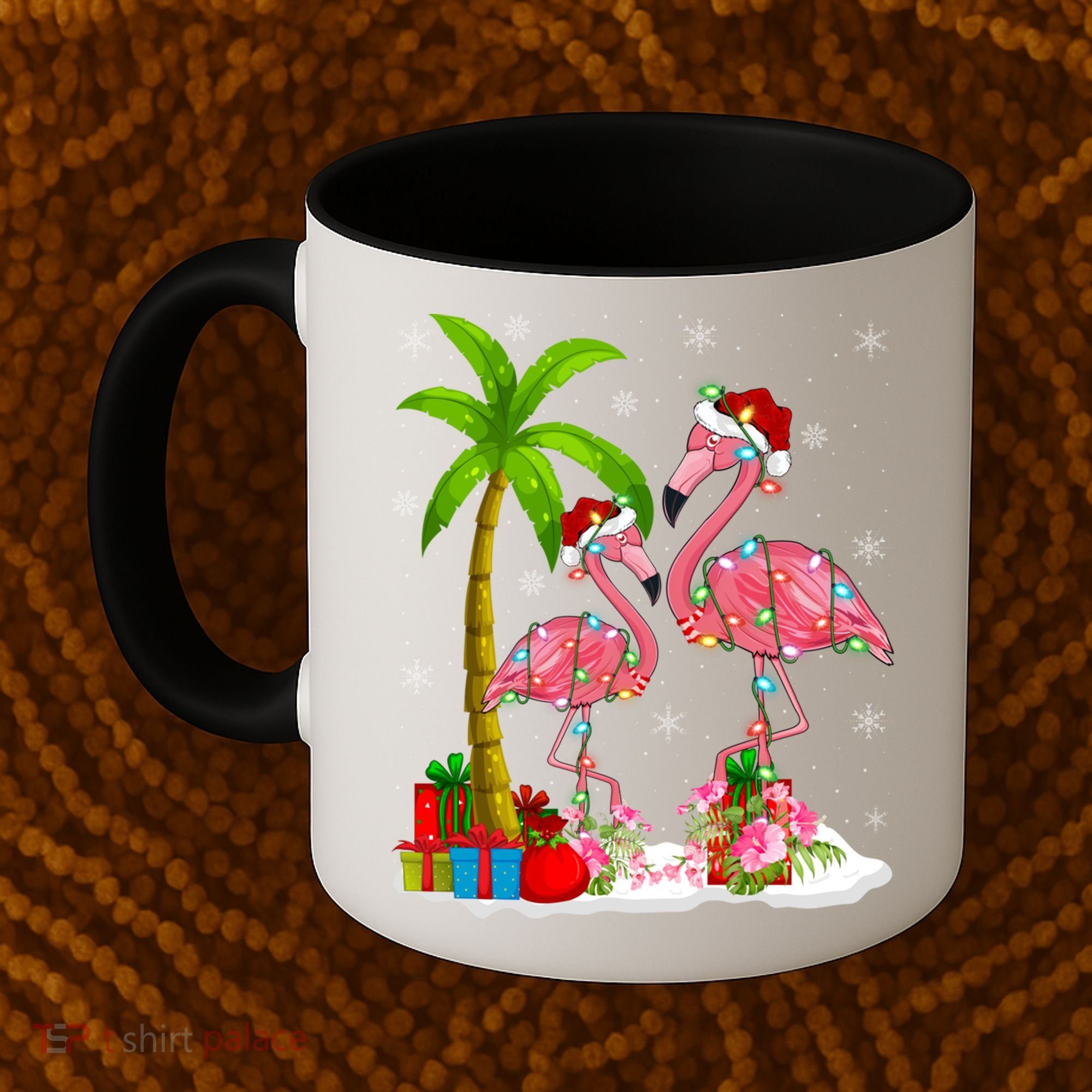 Tropical Lighting Xmas Palm Tree Pink Flamingo Christmas Gift Coffee Mug