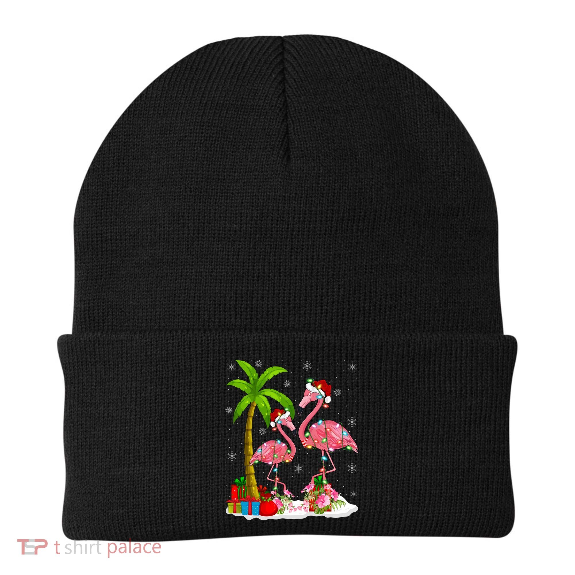 Tropical Lighting Xmas Palm Tree Pink Flamingo Christmas Gift Beanie