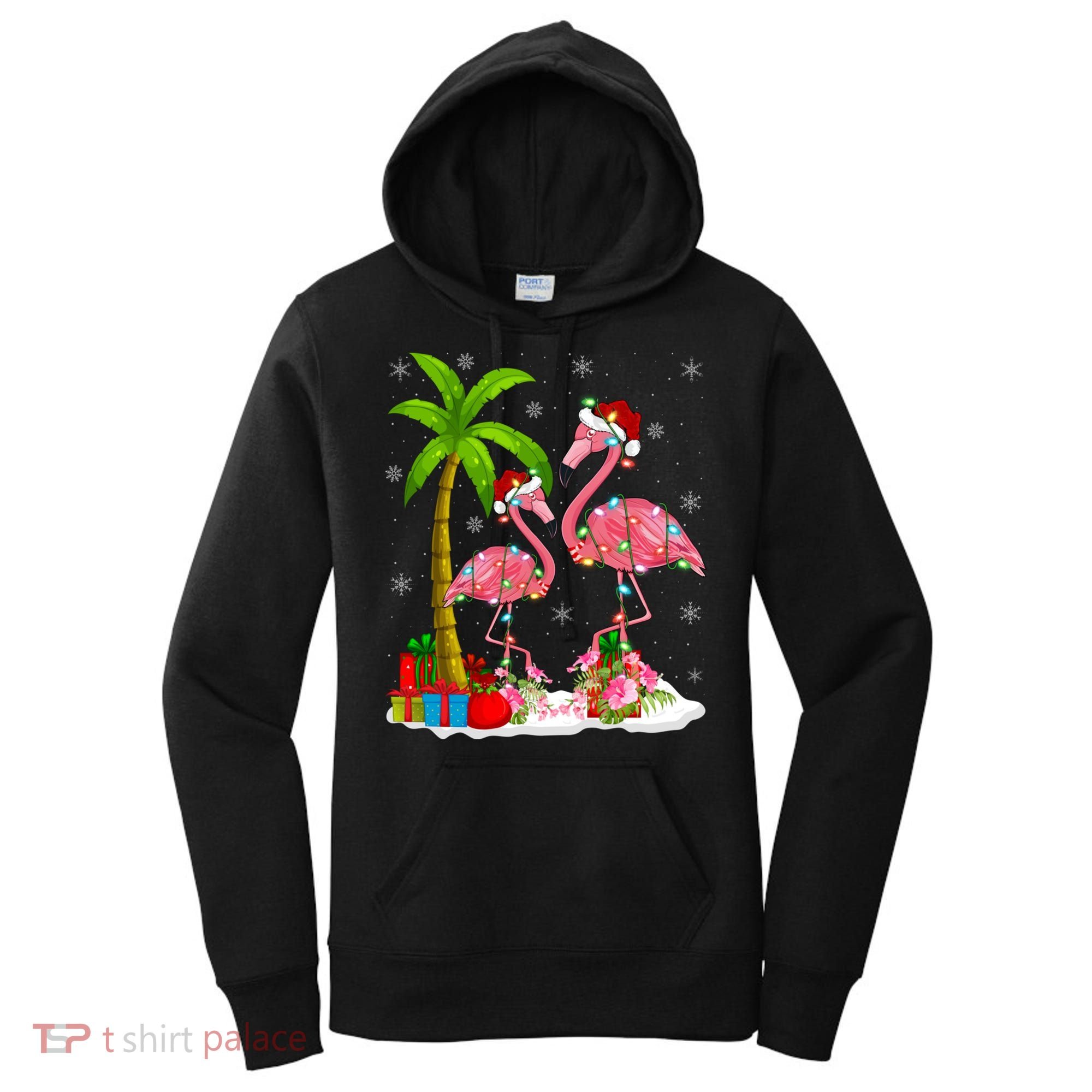 Tropical Lighting Xmas Palm Tree Pink Flamingo Christmas Gift Women's Hoodie