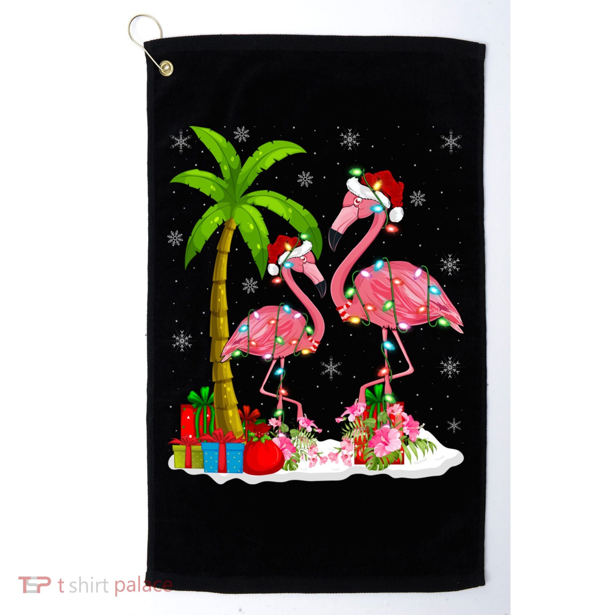 Tropical Lighting Xmas Palm Tree Pink Flamingo Christmas Gift Golf Towel