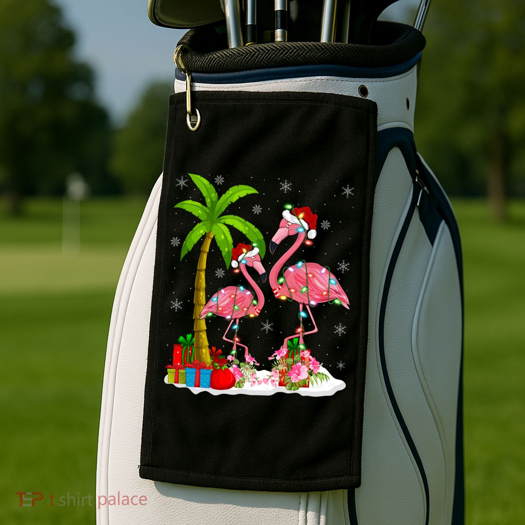Tropical Lighting Xmas Palm Tree Pink Flamingo Christmas Gift Golf Towel