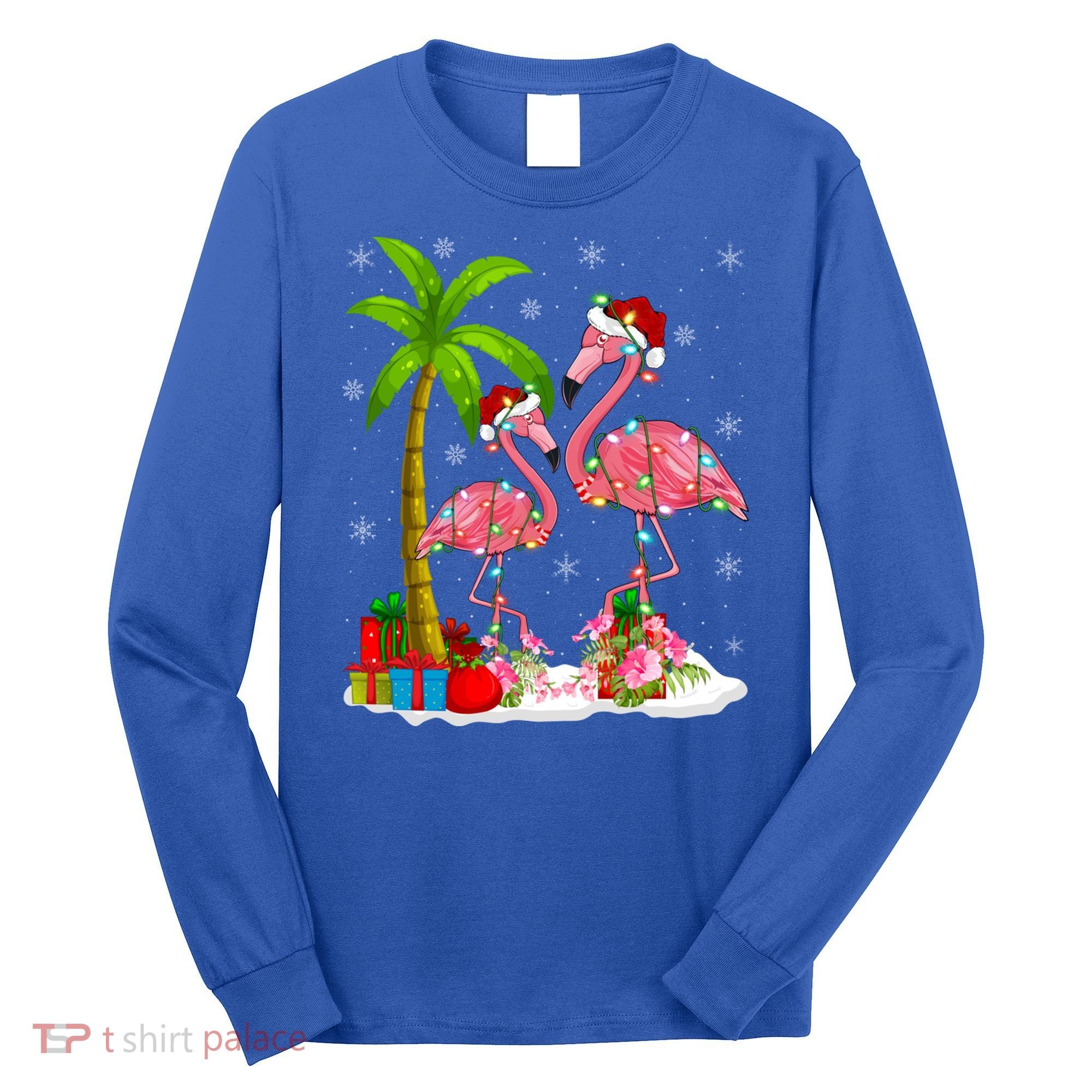 Tropical Lighting Xmas Palm Tree Pink Flamingo Christmas Gift Long Sleeve Shirt