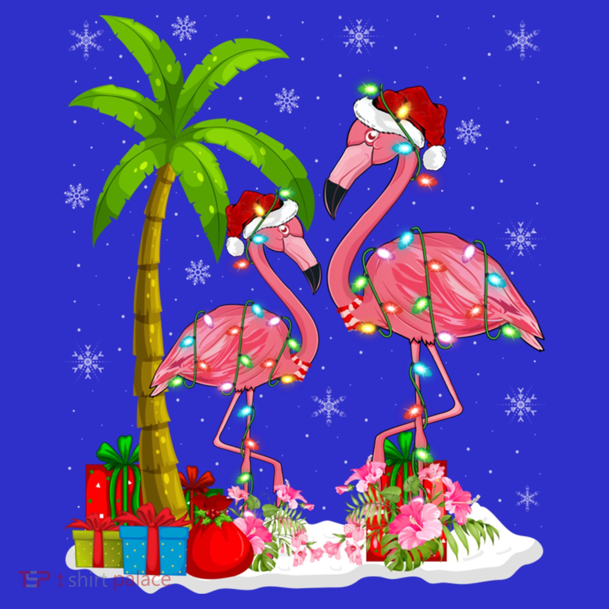 Tropical Lighting Xmas Palm Tree Pink Flamingo Christmas Gift Long Sleeve Shirt