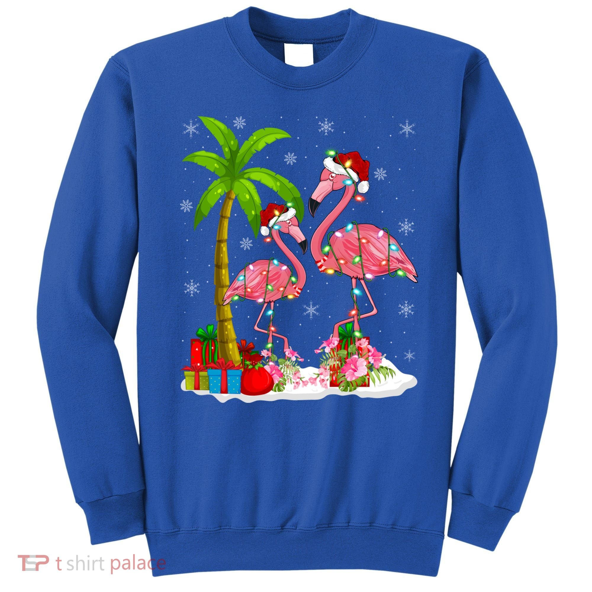 Tropical Lighting Xmas Palm Tree Pink Flamingo Christmas Gift Sweatshirt