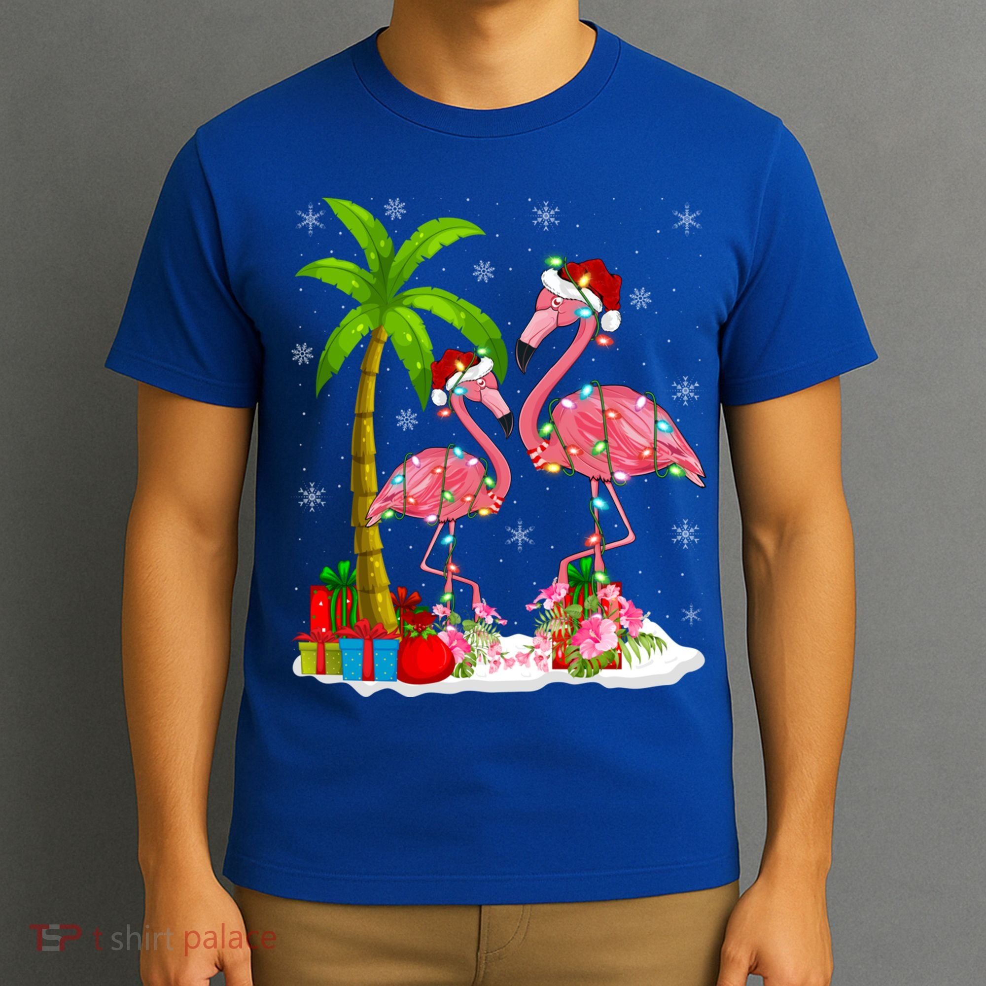 Tropical Lighting Xmas Palm Tree Pink Flamingo Christmas Gift T-Shirt