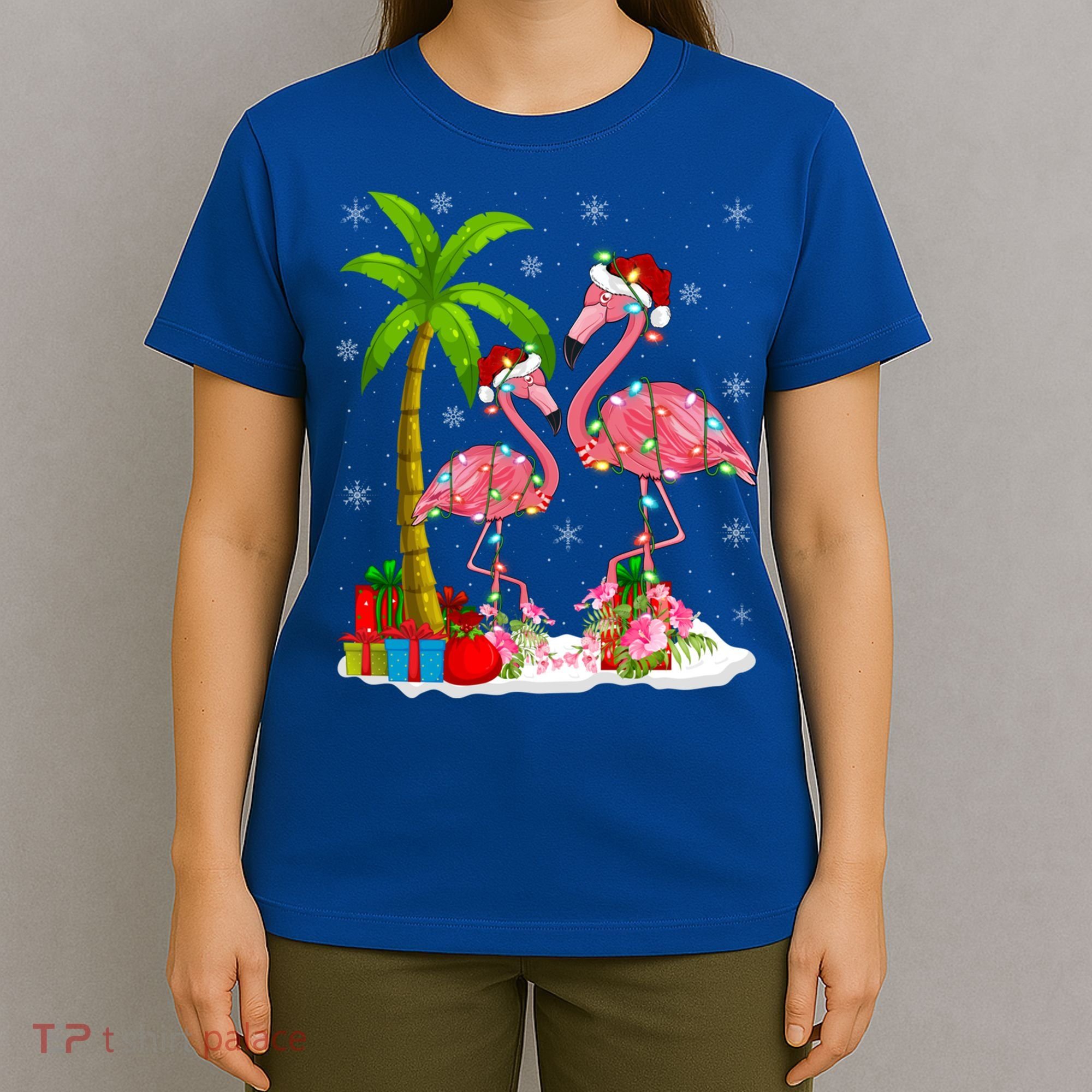 Tropical Lighting Xmas Palm Tree Pink Flamingo Christmas Gift T-Shirt