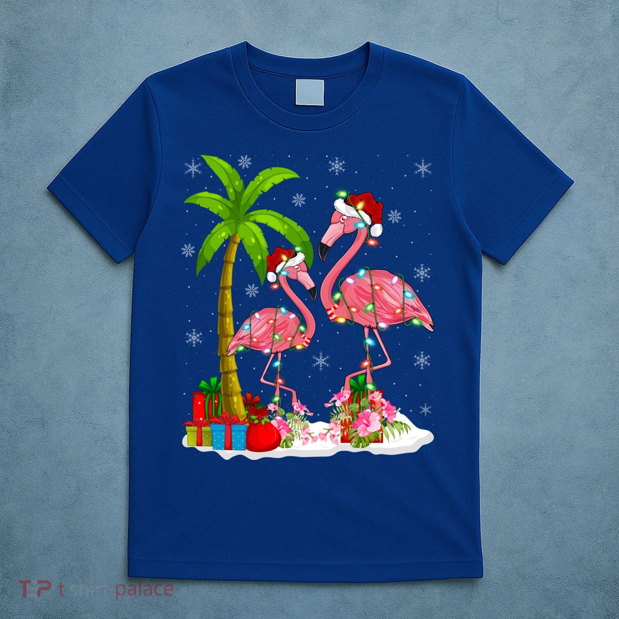 Tropical Lighting Xmas Palm Tree Pink Flamingo Christmas Gift T-Shirt