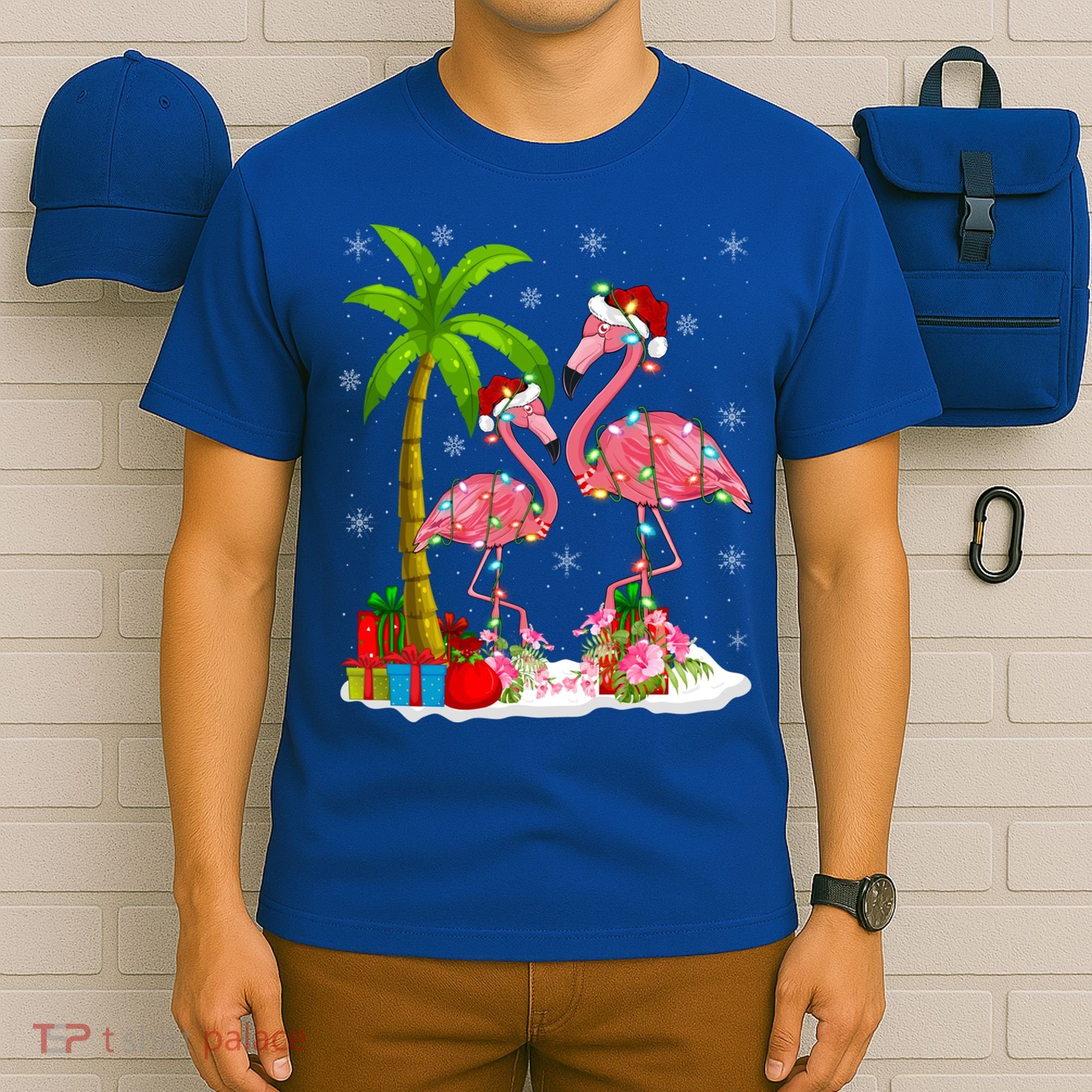 Tropical Lighting Xmas Palm Tree Pink Flamingo Christmas Gift T-Shirt