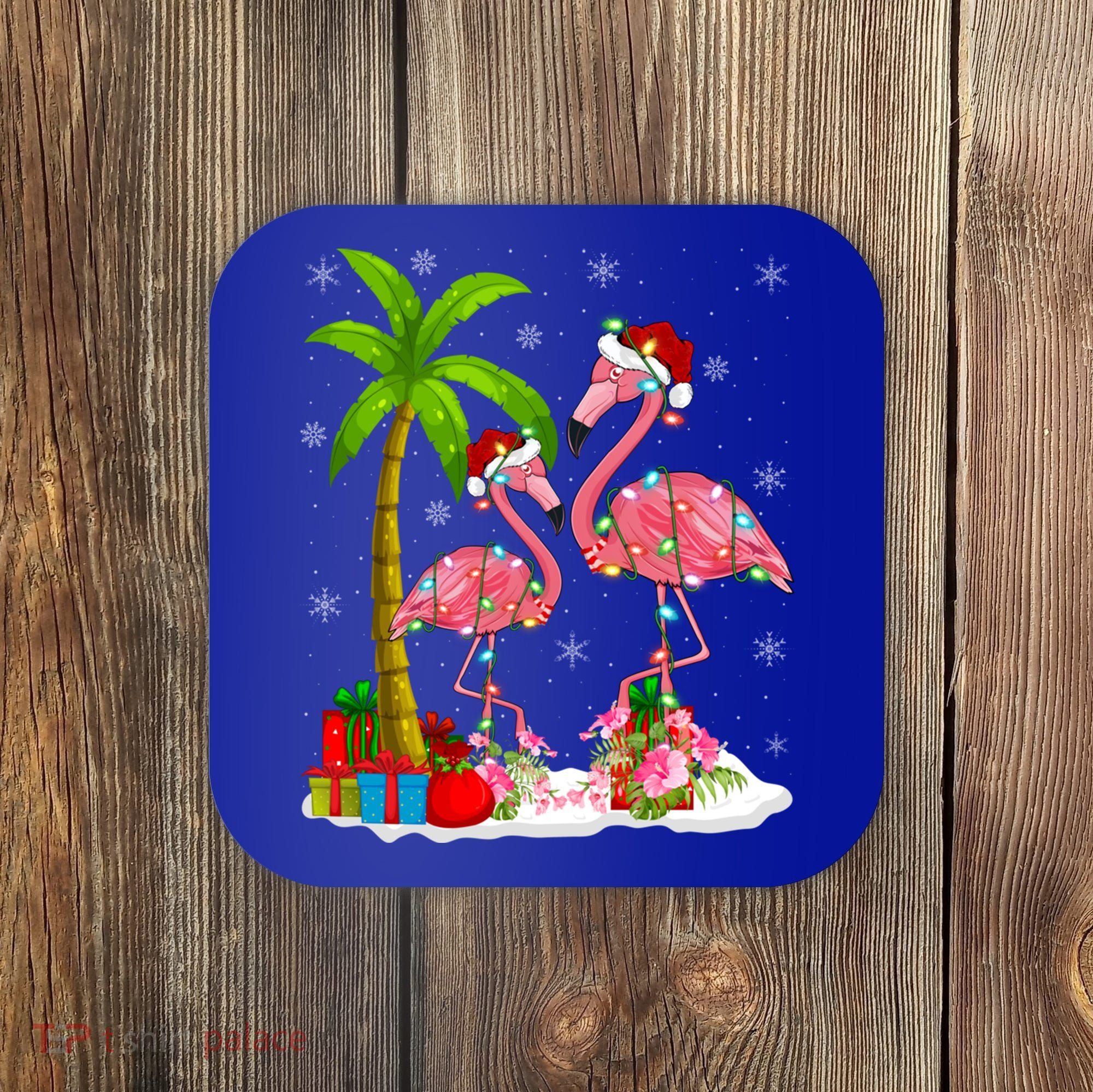 Tropical Lighting Xmas Palm Tree Pink Flamingo Christmas Gift Coaster