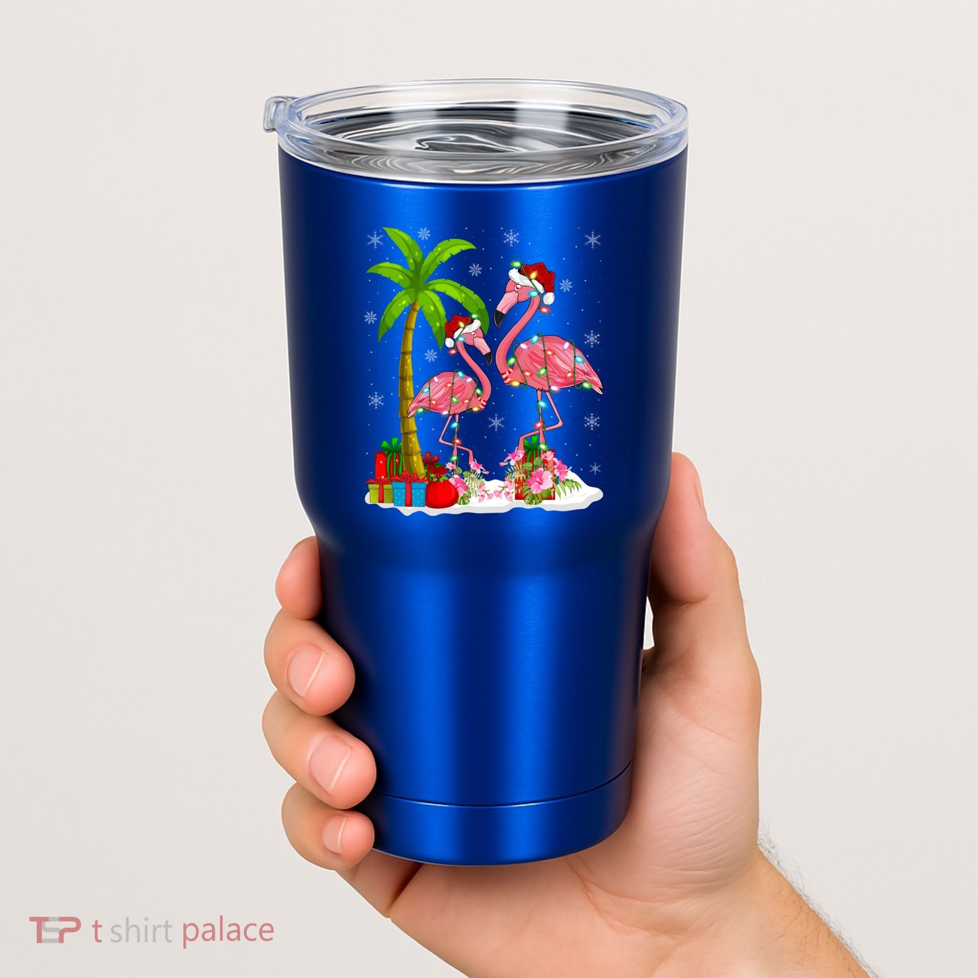 Tropical Lighting Xmas Palm Tree Pink Flamingo Christmas Gift Tumbler