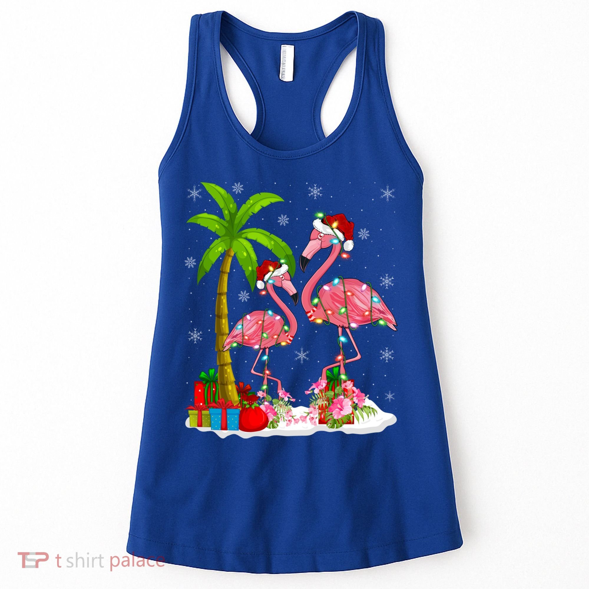 Tropical Lighting Xmas Palm Tree Pink Flamingo Christmas Gift Women's Tank Top