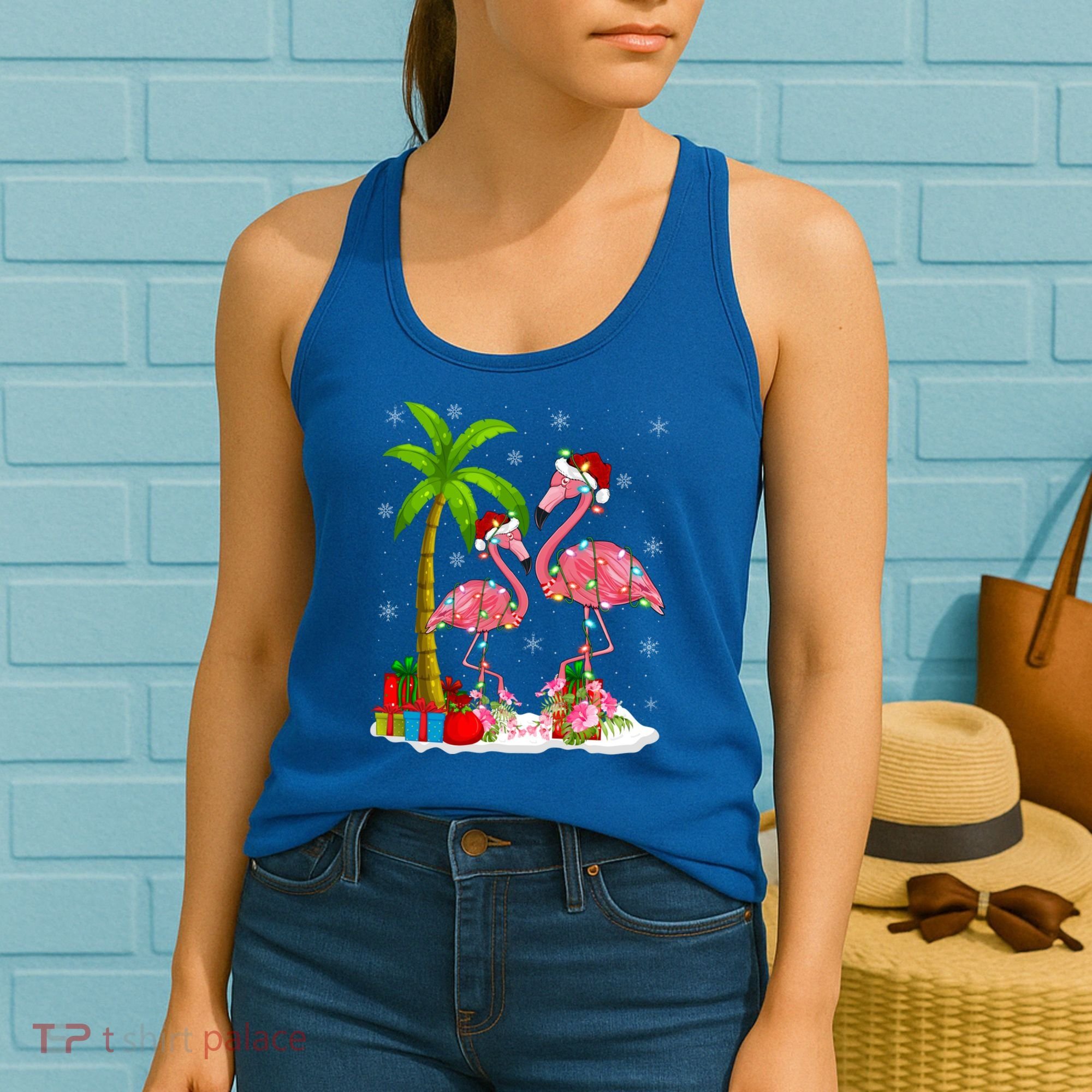 Tropical Lighting Xmas Palm Tree Pink Flamingo Christmas Gift Women's Tank Top