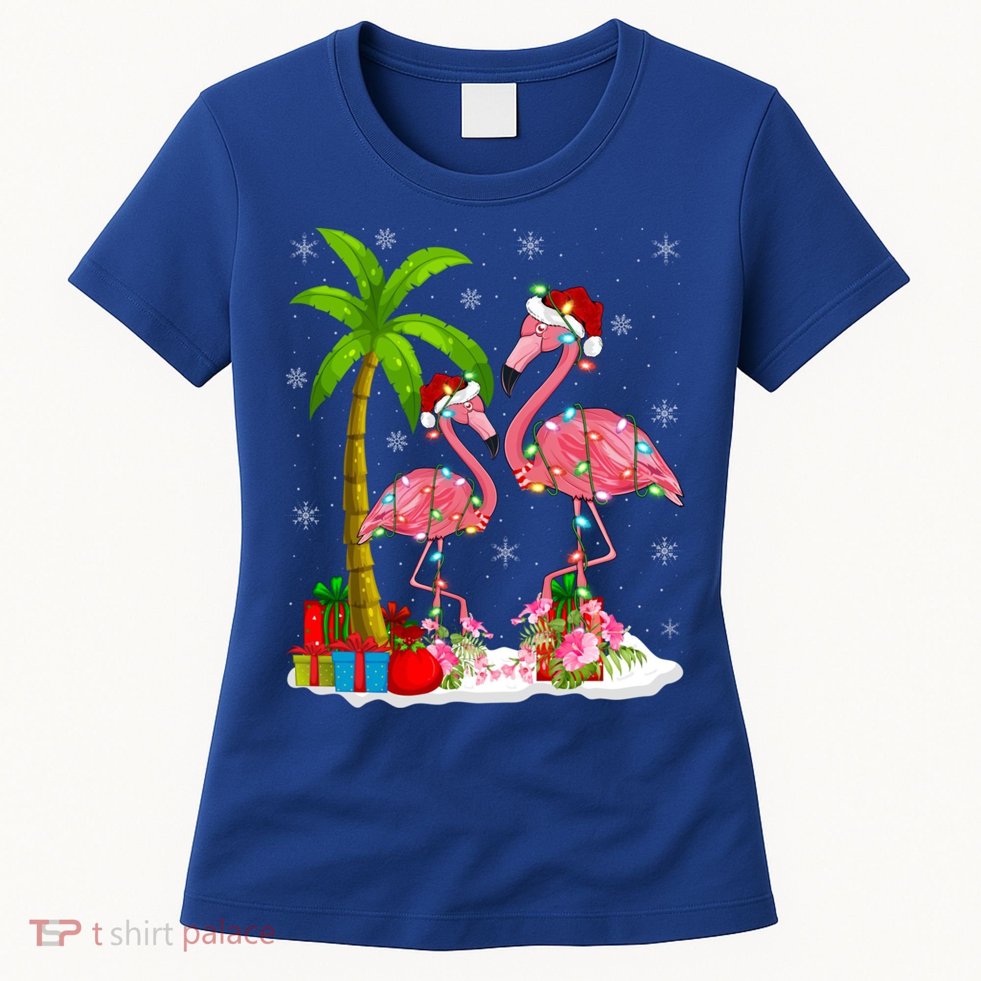 Tropical Lighting Xmas Palm Tree Pink Flamingo Christmas Gift Women's T-Shirt