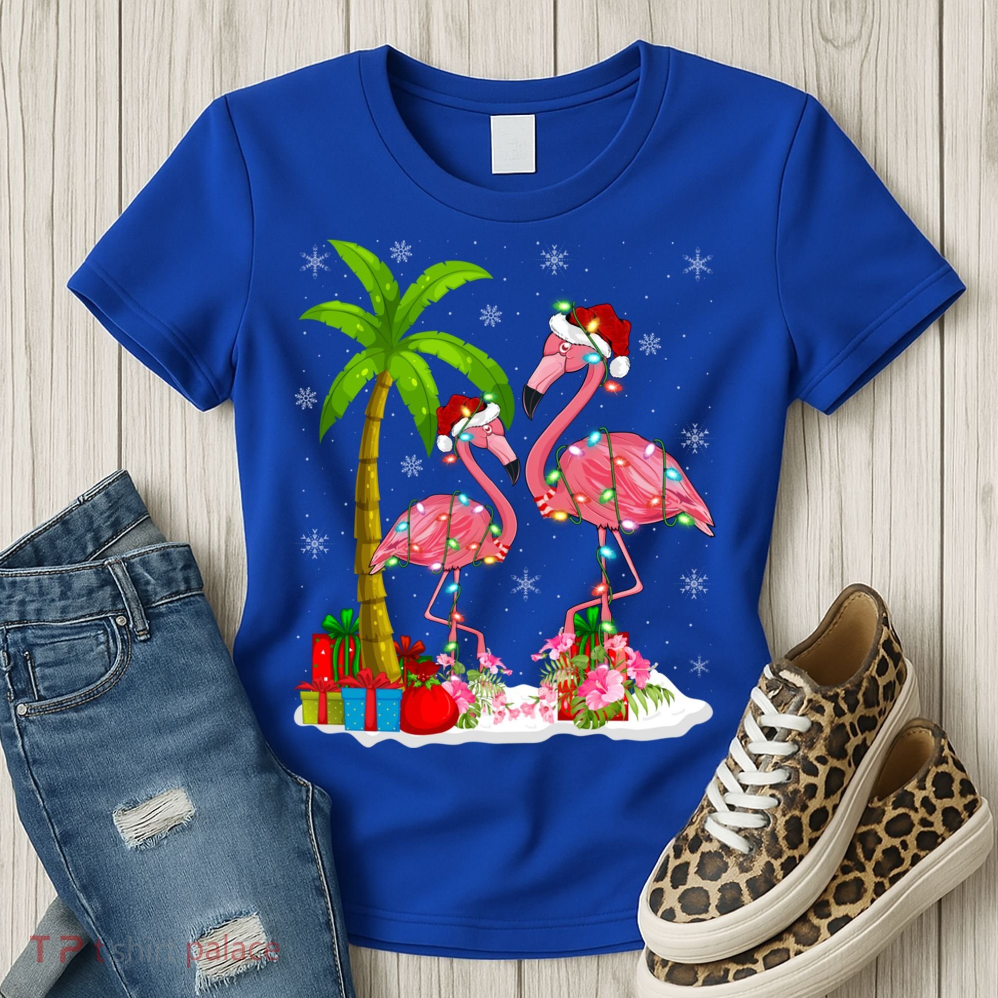 Tropical Lighting Xmas Palm Tree Pink Flamingo Christmas Gift Women's T-Shirt