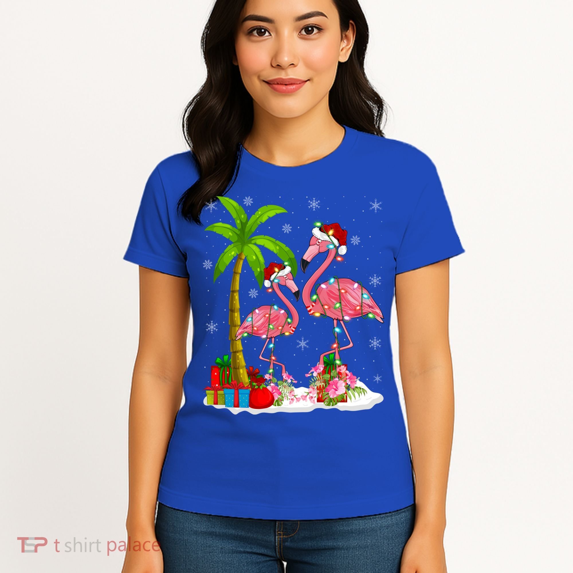 Tropical Lighting Xmas Palm Tree Pink Flamingo Christmas Gift Women's T-Shirt
