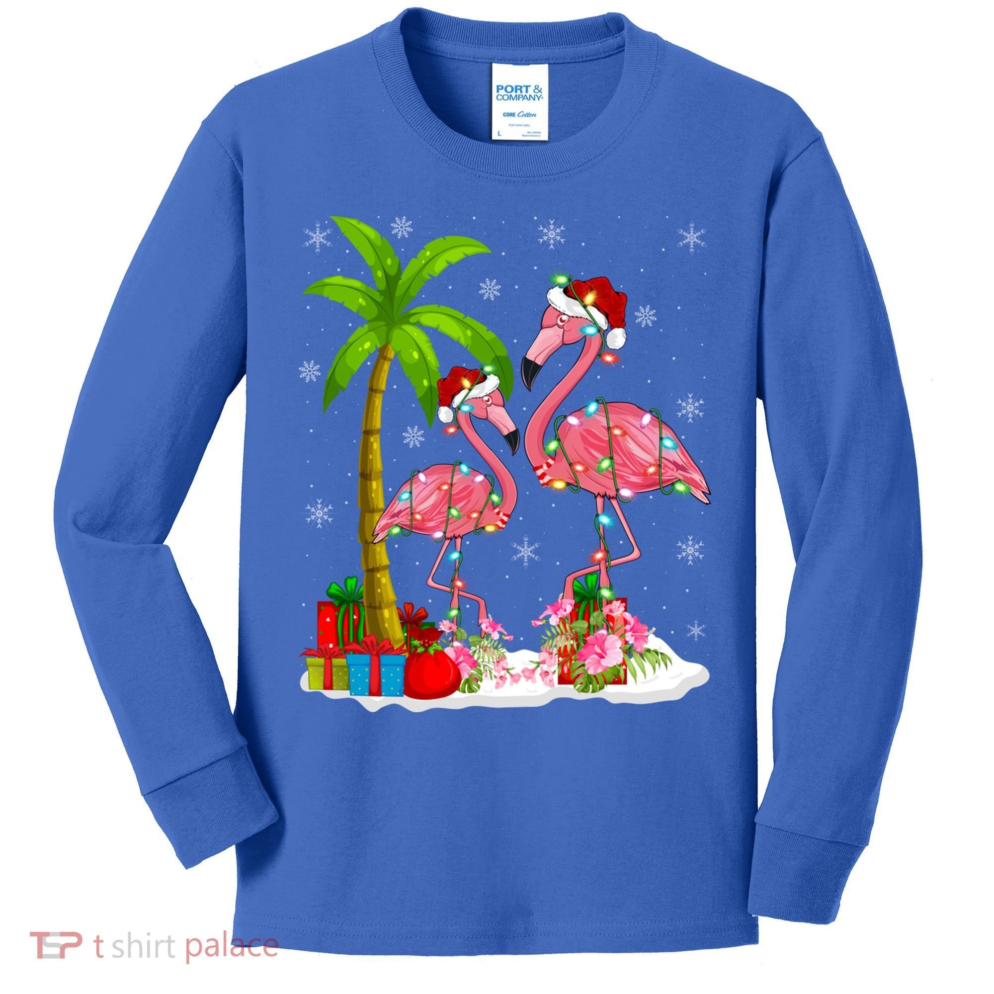 Tropical Lighting Xmas Palm Tree Pink Flamingo Christmas Gift Kids Long Sleeve Shirt